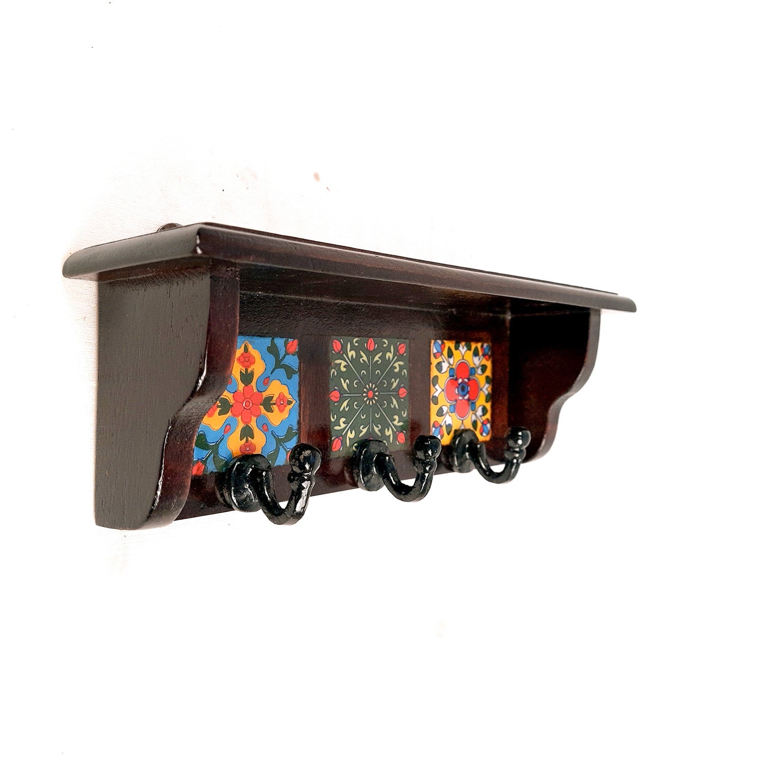 Key Hooks With Wall Shelf | Key Holder Stand With Ceramic Tile Design | Floating Shelves Cum Key Hanger Organiser - For Home, Entrance, Office Decor & Gifts - 10 Inch (3 Hooks) - Apkamart #color_dark brown