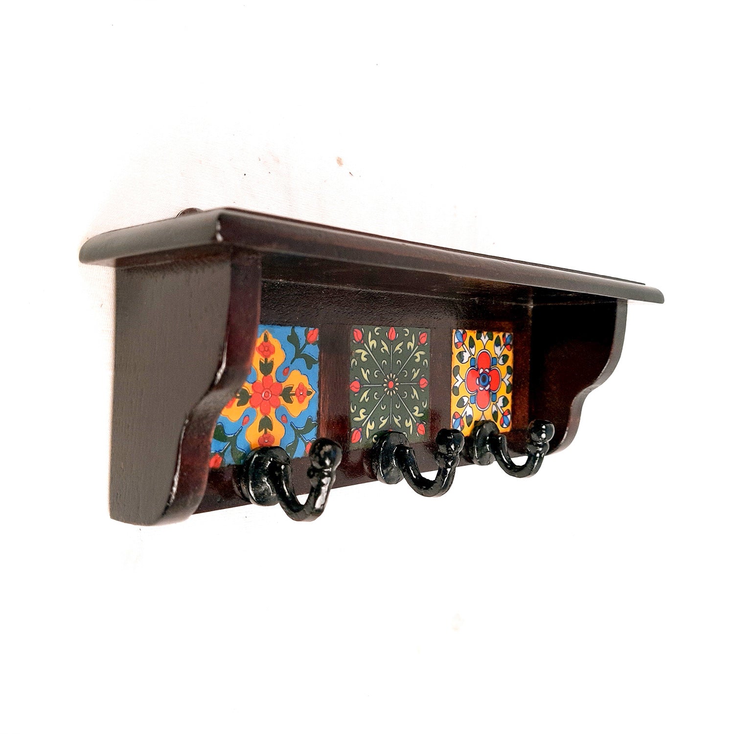 Wall Key Hooks With Wooden Shelf - Wall Mount | Floating Shelves For Decorating Showpieces, Vases, Candle Holders & Books | Key Holder Organiser - Home, Entrance, Office Decor & Gifts - Set of 2 - Apkamart #color_dark brown