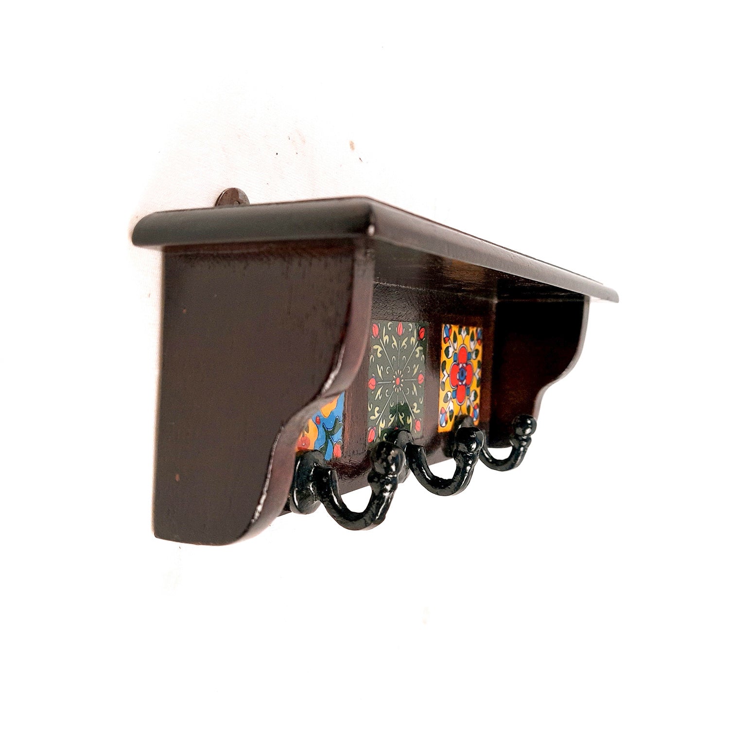 Wall Key Hooks With Wooden Shelf - Wall Mount | Floating Shelves For Decorating Showpieces, Vases, Candle Holders & Books | Key Holder Organiser - Home, Entrance, Office Decor & Gifts - Set of 2 - Apkamart #color_dark brown