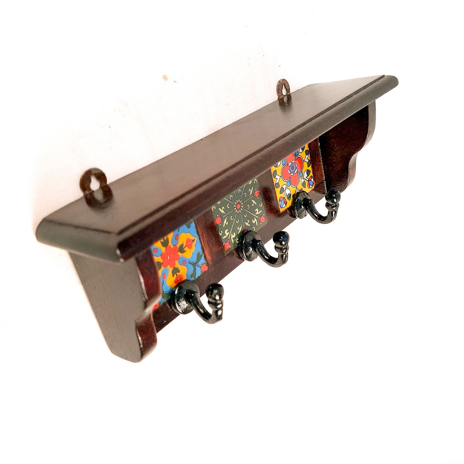 Key Hooks With Wall Shelf | Key Holder Stand With Ceramic Tile Design | Floating Shelves Cum Key Hanger Organiser - For Home, Entrance, Office Decor & Gifts - 10 Inch (3 Hooks) - Apkamart #color_dark brown