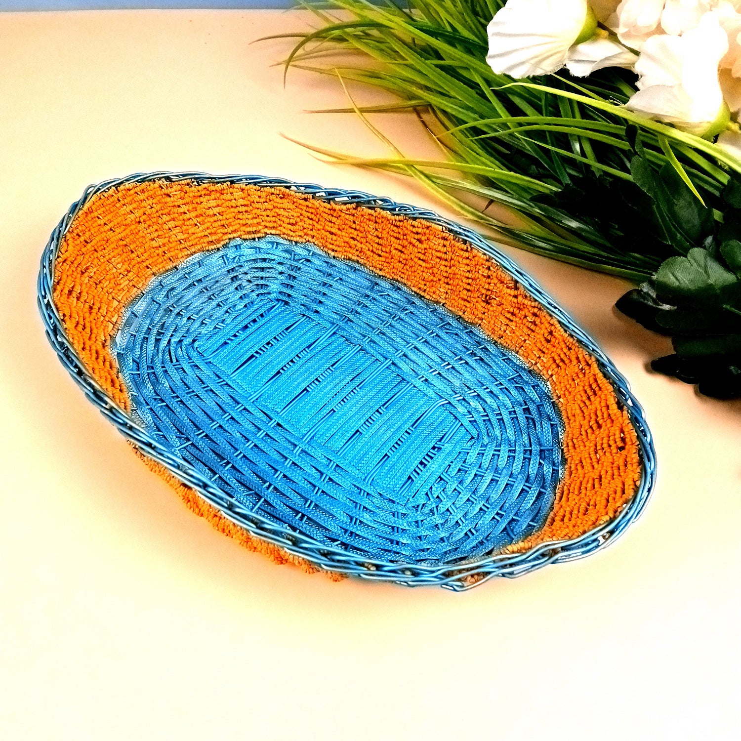 Basket With Beads & Wovan Design | Multipurpose Storage Basket - for Fruits, Makeup, Stationary, Gifts Packing - 12 Inch - Apkamart