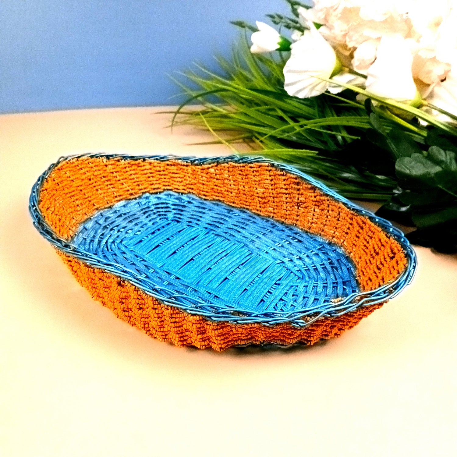 Basket With Beads & Wovan Design | Multipurpose Storage Basket - for Fruits, Makeup, Stationary, Gifts Packing - 12 Inch - Apkamart