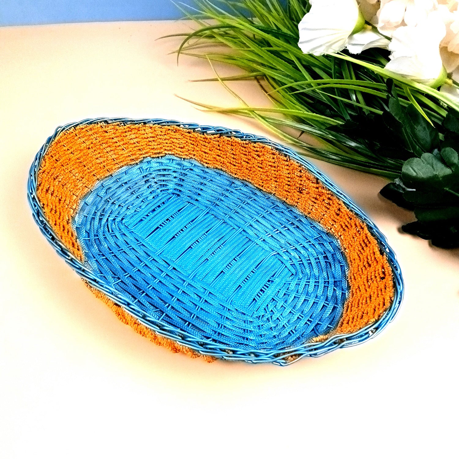 Basket With Beads & Wovan Design | Multipurpose Storage Basket - for Fruits, Makeup, Stationary, Gifts Packing - 12 Inch - Apkamart