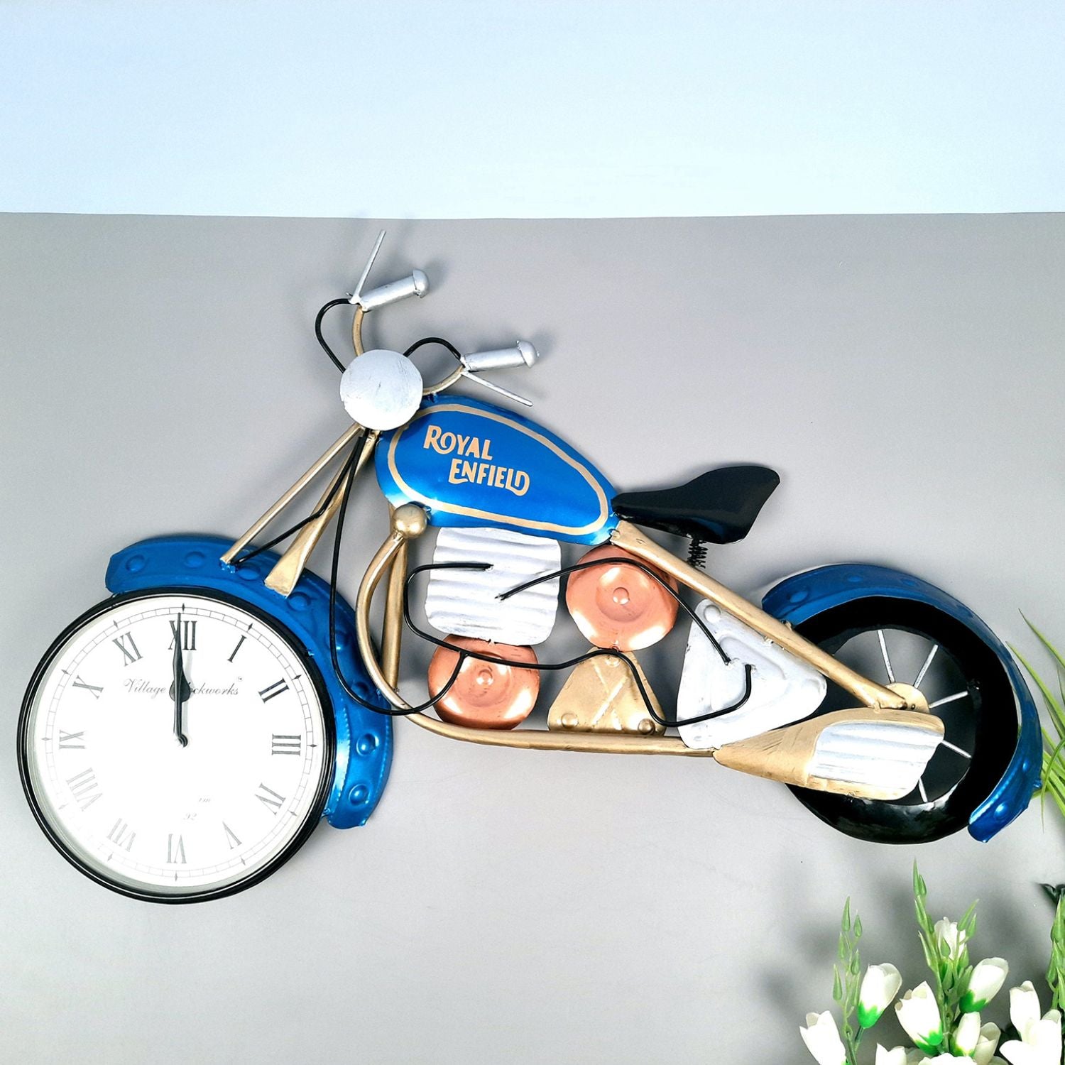 Wall Clock - Bike Design | Wall Mount Royal Enfield Bike Clock With Vintage Look | Deewar Ghadi - For Home, Living Room, Bedroom, Hall, Office Decor & Gift - apkamart