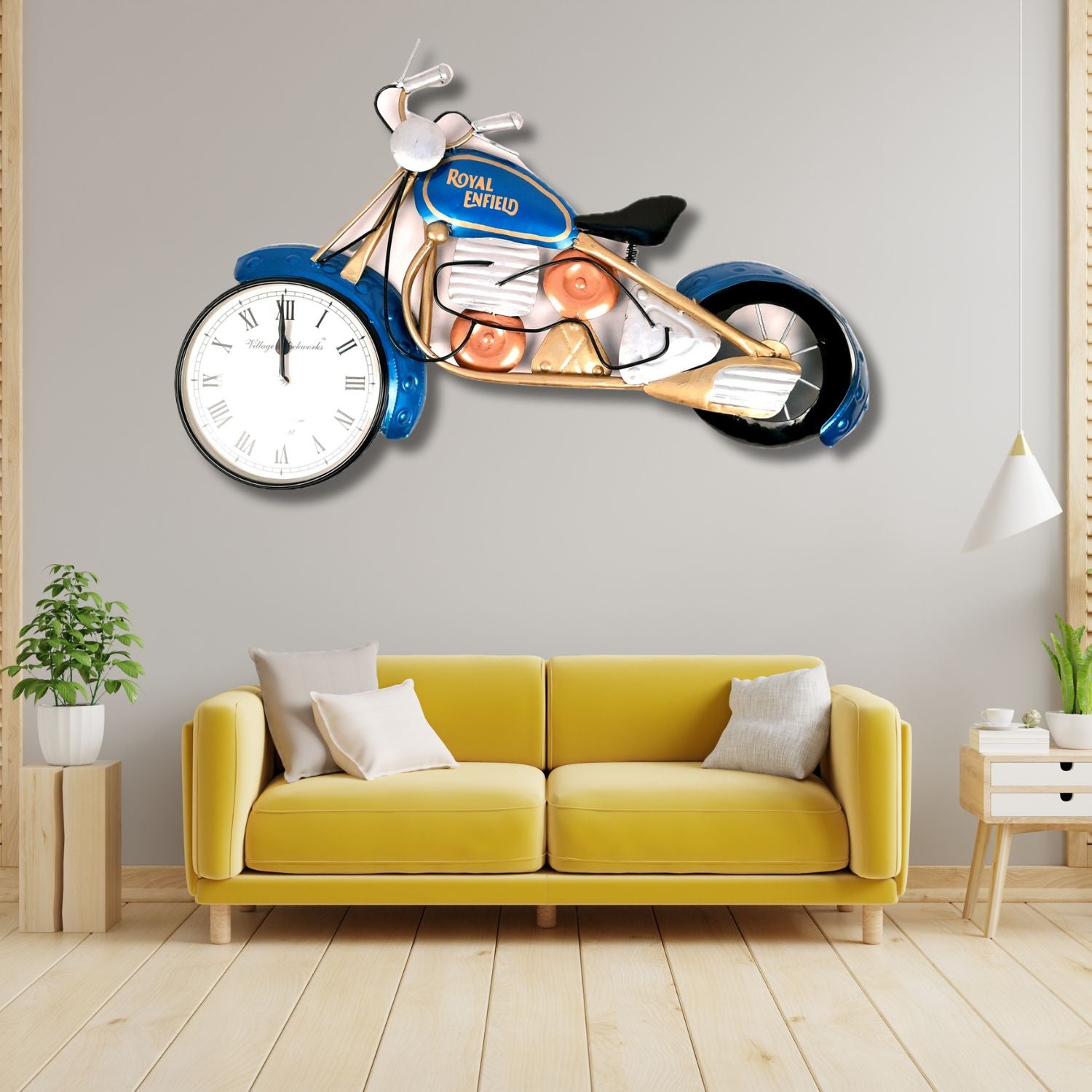 Wall Clock - Bike Design | Wall Mount Royal Enfield Bike Clock With Vintage Look | Deewar Ghadi - For Home, Living Room, Bedroom, Hall, Office Decor & Gift - apkamart