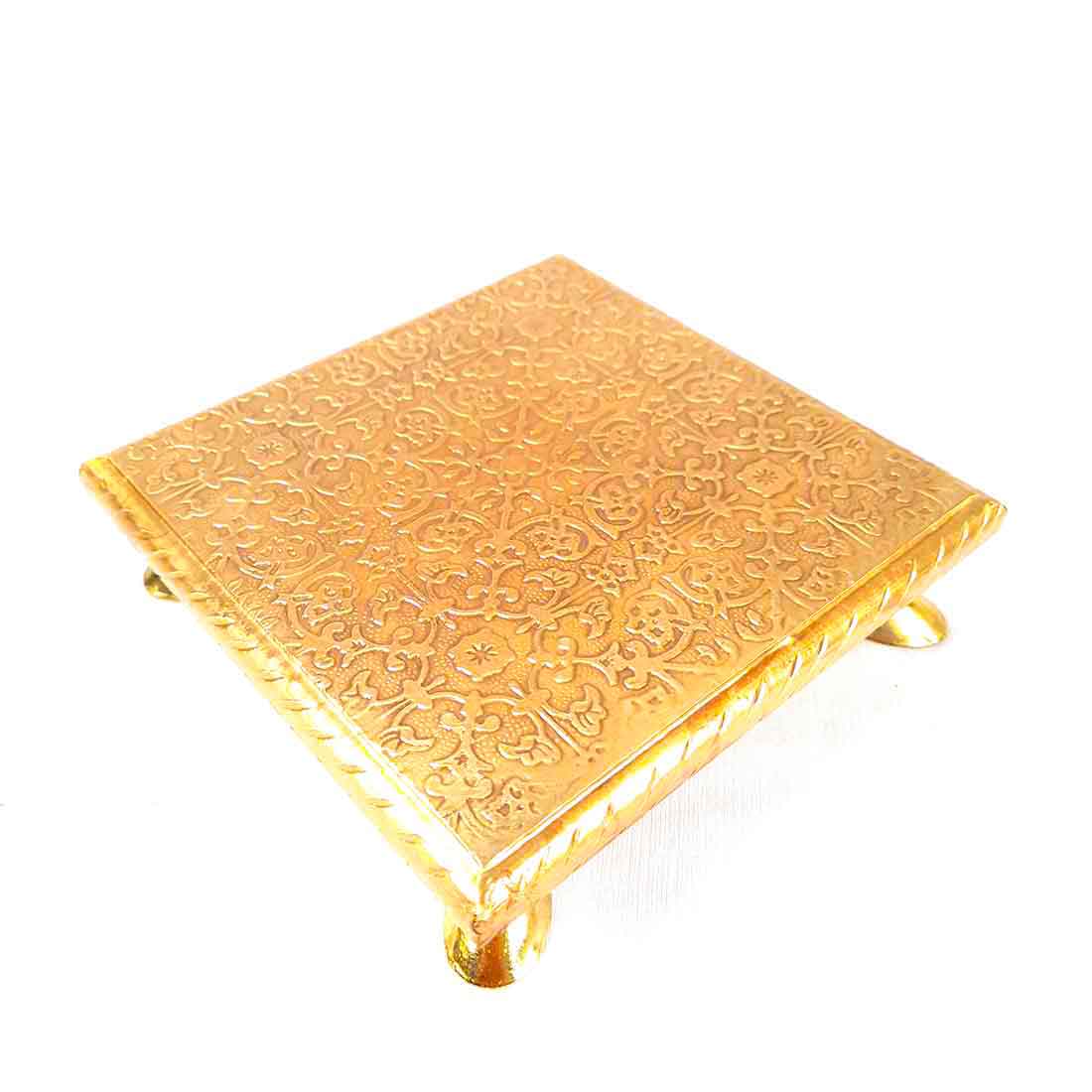 Puja Chowki Bajot | Wooden Brass Patla Chauki - for Puja, Wedding, Home Decoration, Diwali & Gifts - 6 Inch - apkamart