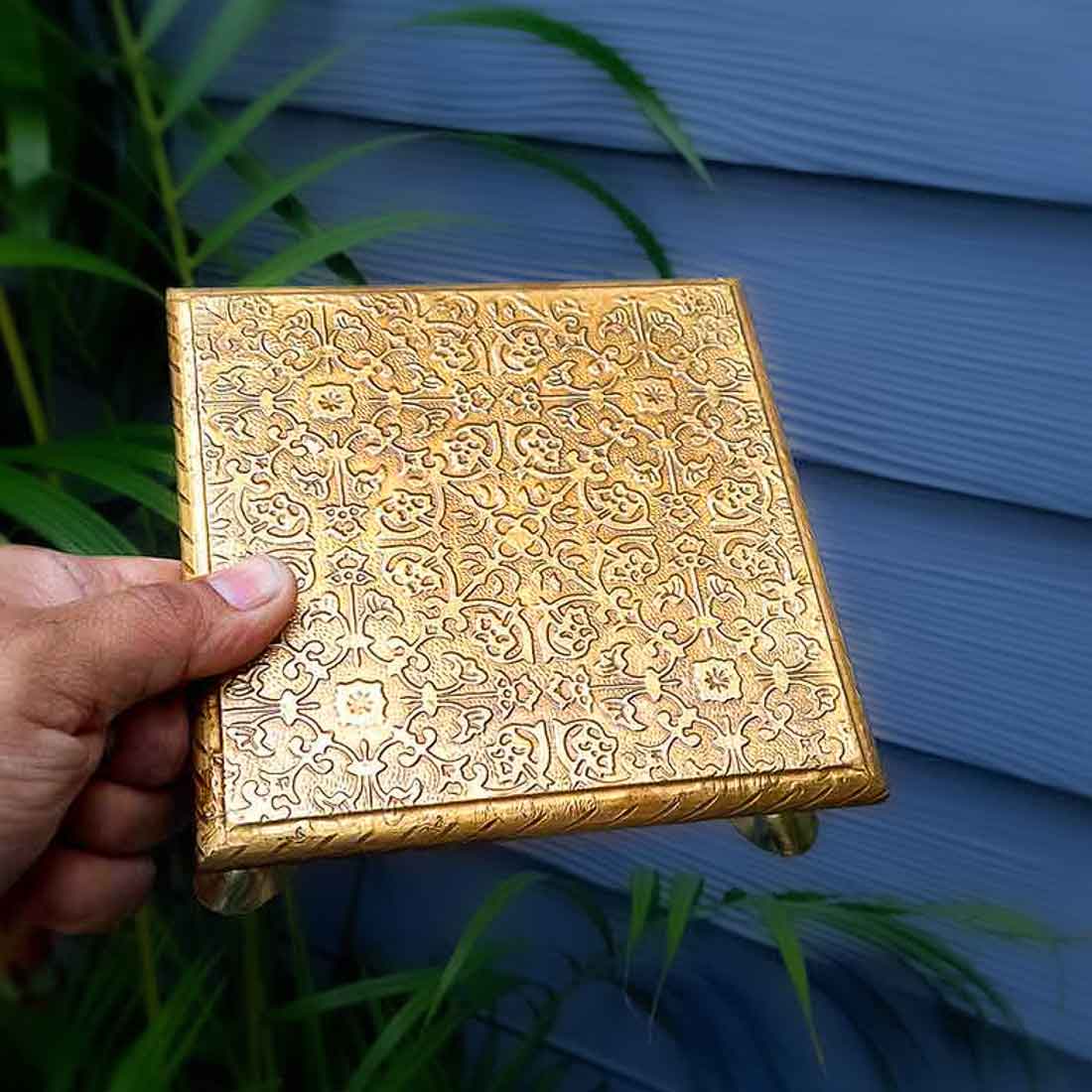 Puja Chowki Bajot | Wooden Brass Patla Chauki - for Puja, Wedding, Home Decoration, Diwali & Gifts - 6 Inch - apkamart