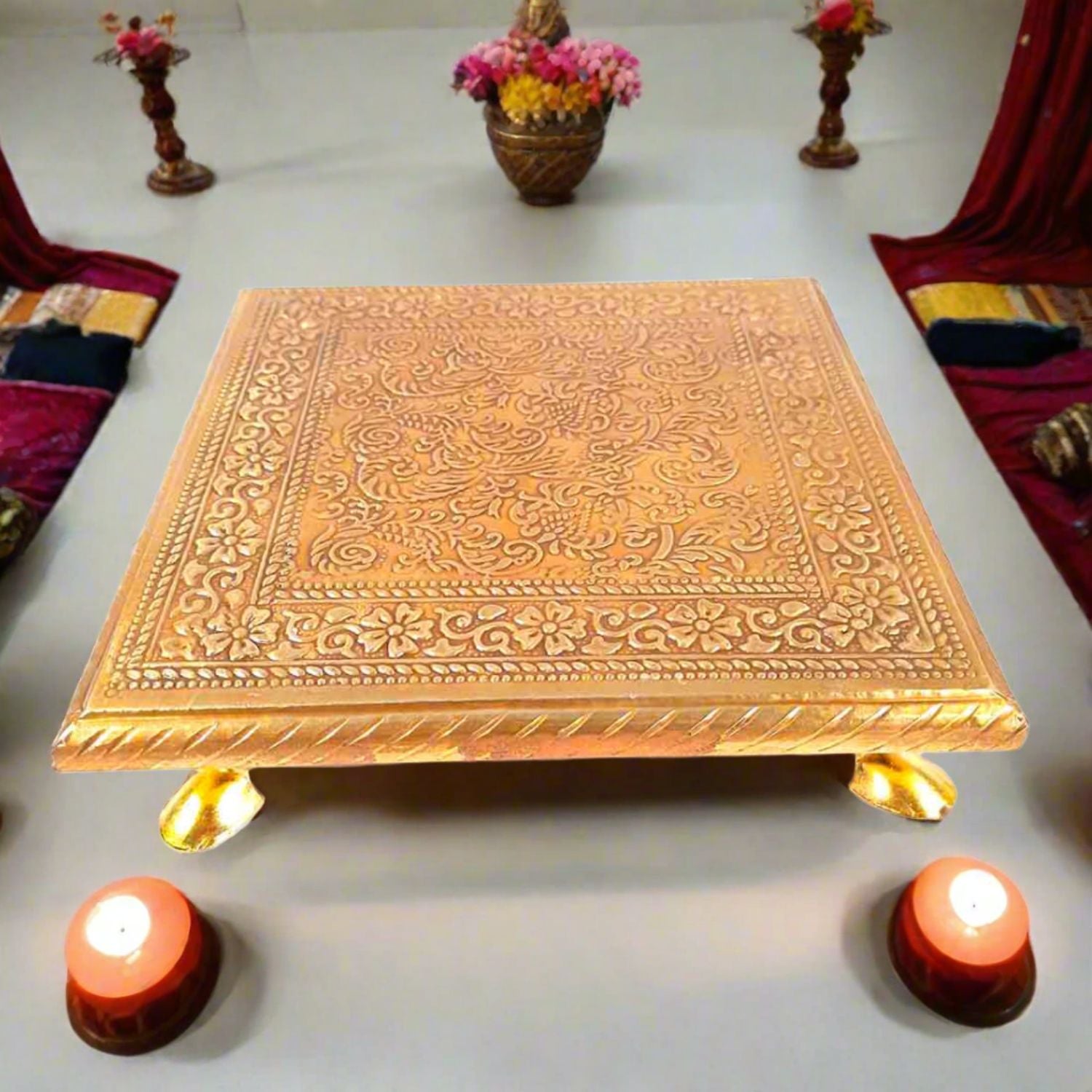 Wooden Chowki for Pooja | Decorative Brass Bajot | Peeta / Patla for Puja - for Living Room, Festivals, Diwali, Temple, Pooja, Home Decor & Gifts - apkamart