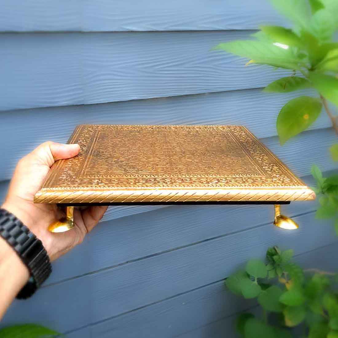 Wooden Chowki for Pooja | Decorative Brass Bajot | Peeta / Patla for Puja - for Living Room, Festivals, Diwali, Temple, Pooja, Home Decor & Gifts - apkamart