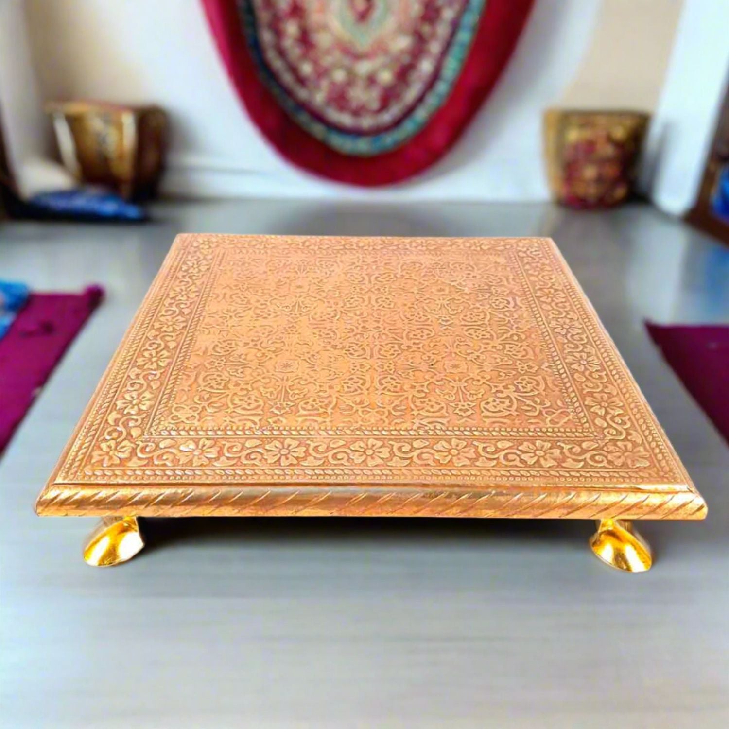 Wooden Chowki for Pooja | Decorative Brass Bajot | Peeta / Patla for Puja - for Living Room, Festivals, Diwali, Temple, Pooja, Home Decor & Gifts - apkamart #Style_Pack of 1