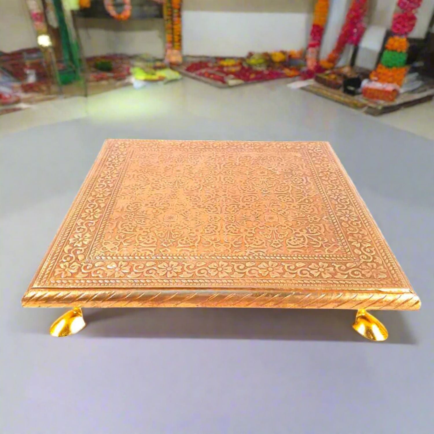 Wooden Chowki for Pooja | Decorative Brass Bajot | Peeta / Patla for Puja - for Living Room, Festivals, Diwali, Temple, Pooja, Home Decor & Gifts - apkamart