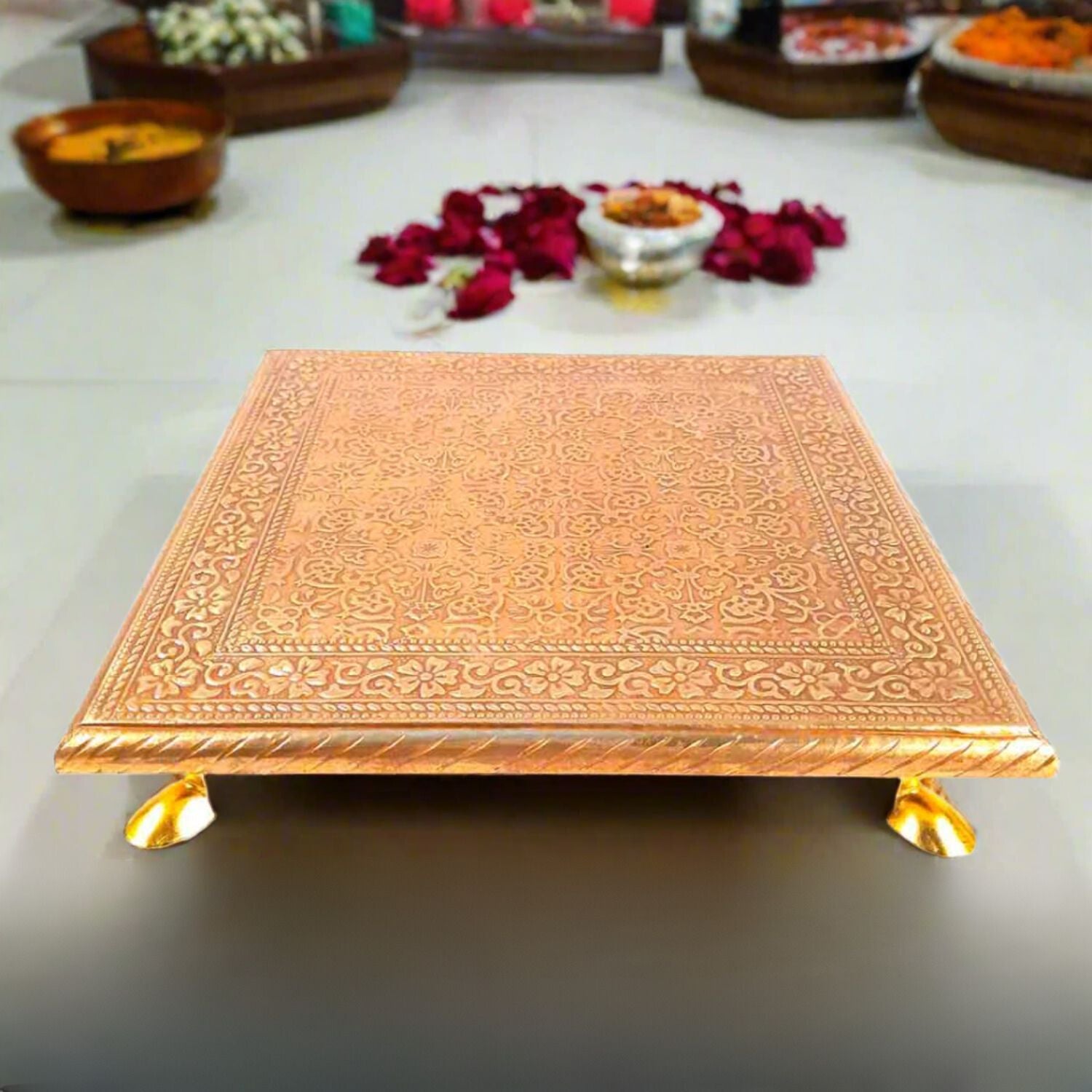 Wooden Chowki for Pooja | Decorative Brass Bajot | Peeta / Patla for Puja - for Living Room, Festivals, Diwali, Temple, Pooja, Home Decor & Gifts - apkamart