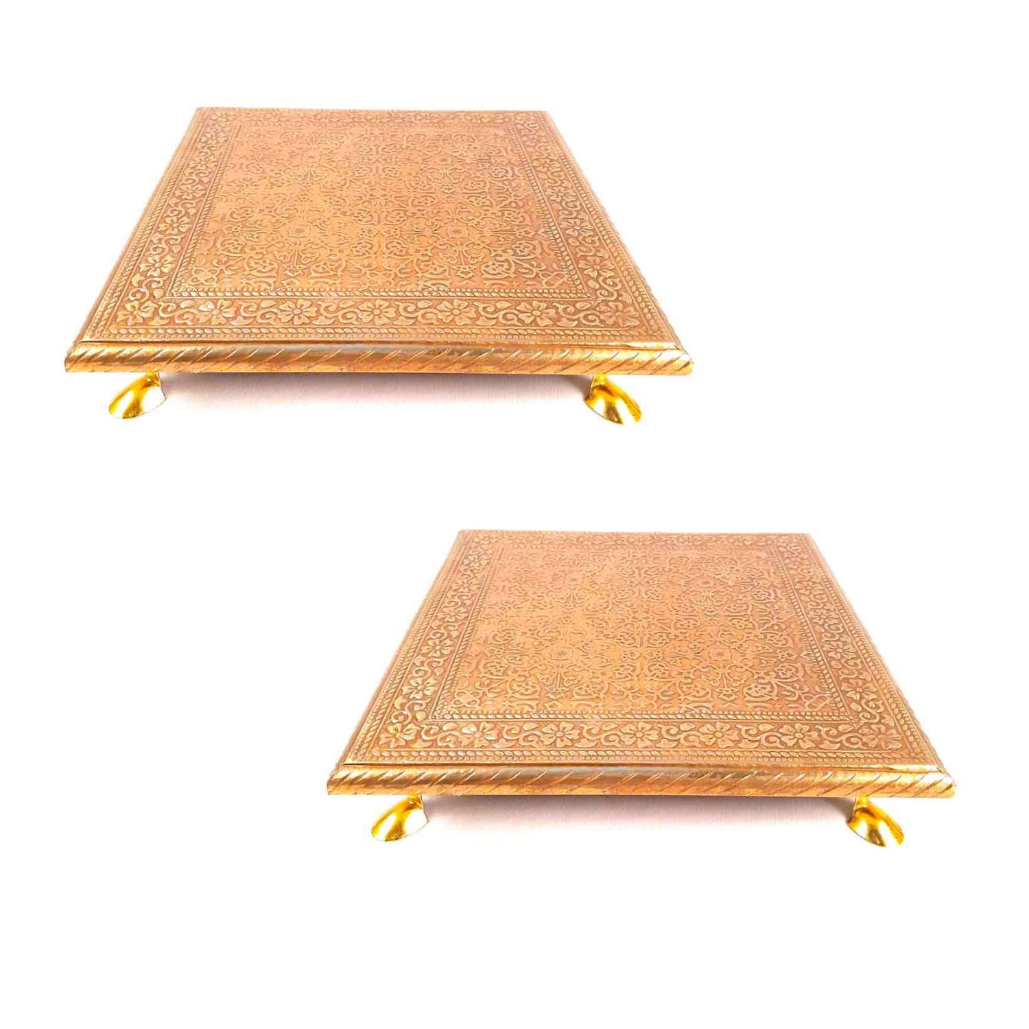 Wooden Chowki for Pooja | Decorative Brass Bajot | Peeta/Patla for Puja - for Living Room, Festivals, Diwali, Temple, Pooja, Home Decor & Gifts - apkamart #Style_Pack of 2