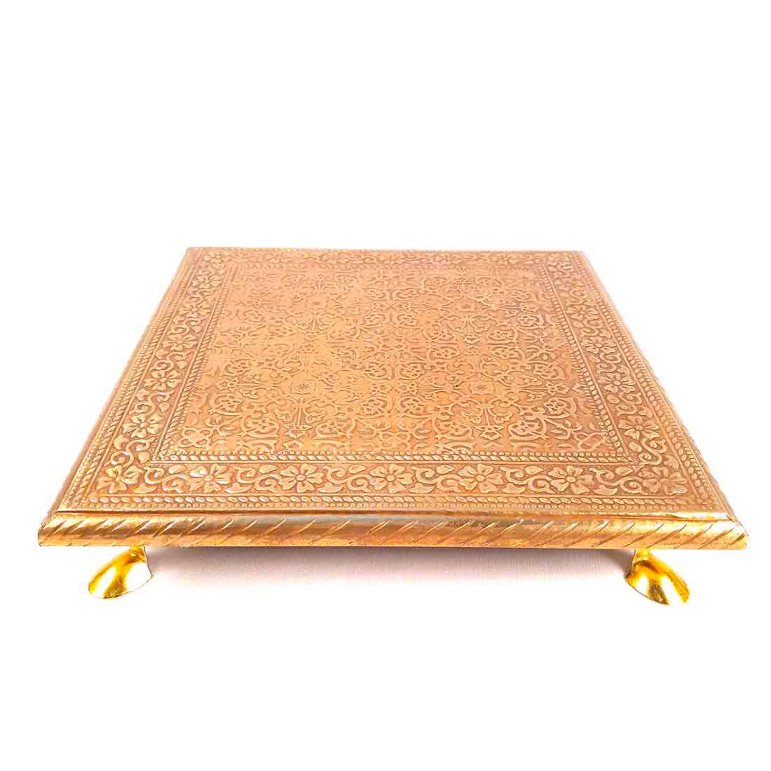 Wooden Chowki for Pooja | Decorative Brass Bajot | Peeta / Patla for Puja - for Living Room, Festivals, Diwali, Temple, Pooja, Home Decor & Gifts - apkamart