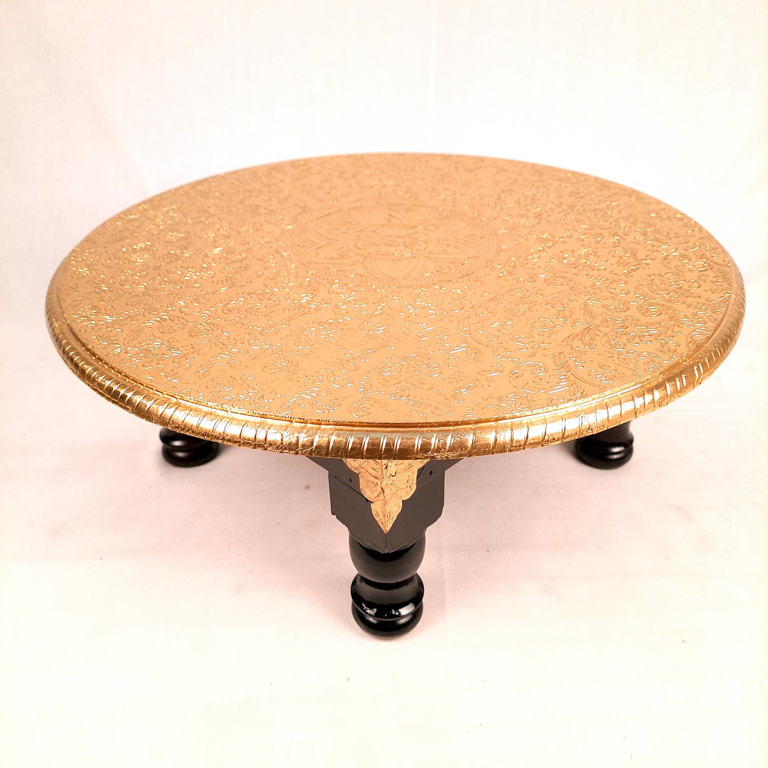 Puja Chowki Bajot | Wooden Brass Chauki | Peeta / Patla for Sitting - For Pooja, Living Room, Home & Corner Decor - 15 Inch - Apkamart