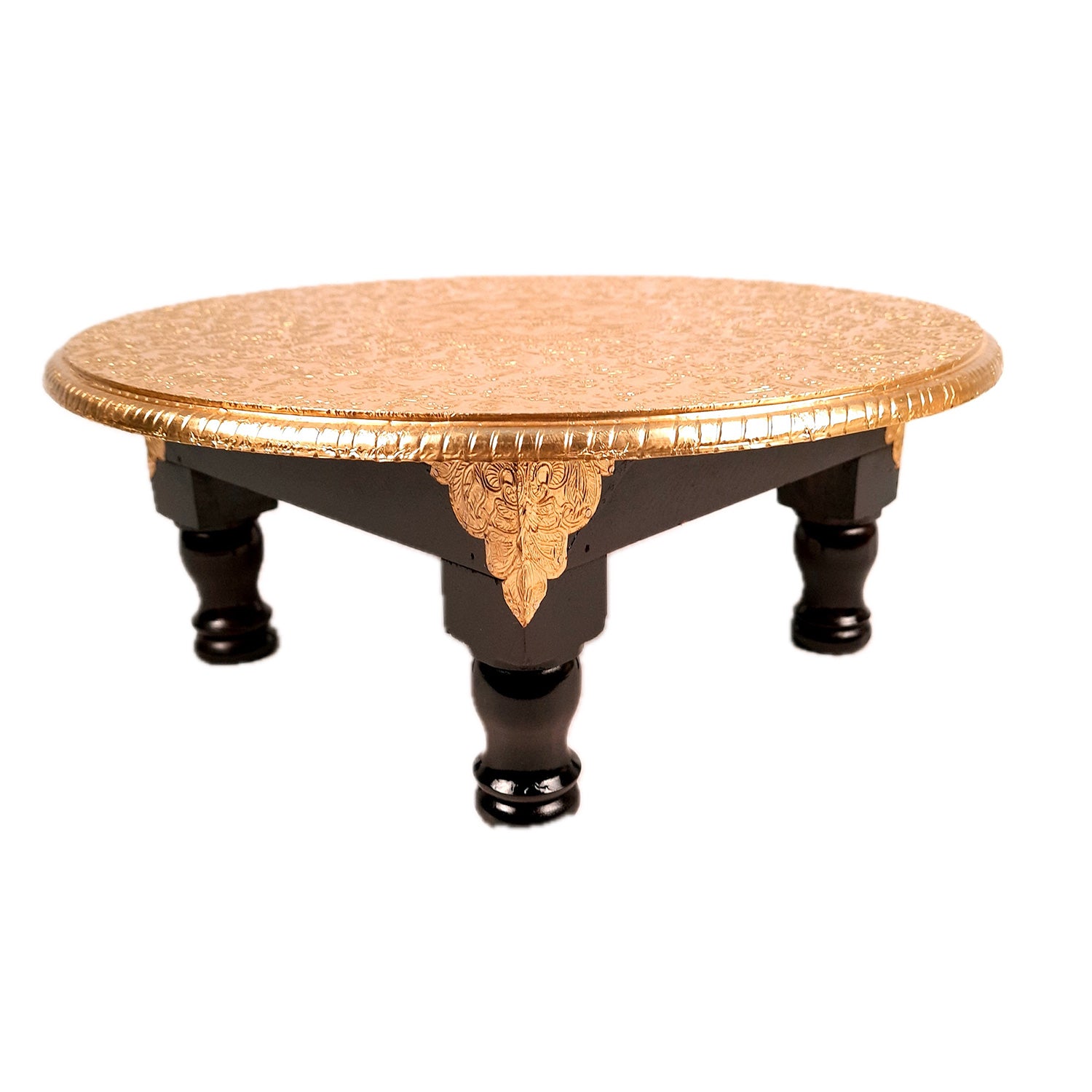 Puja Chowki Bajot | Wooden Brass Chauki | Peeta / Patla for Sitting - For Pooja, Living Room, Home & Corner Decor - 15 Inch - Apkamart