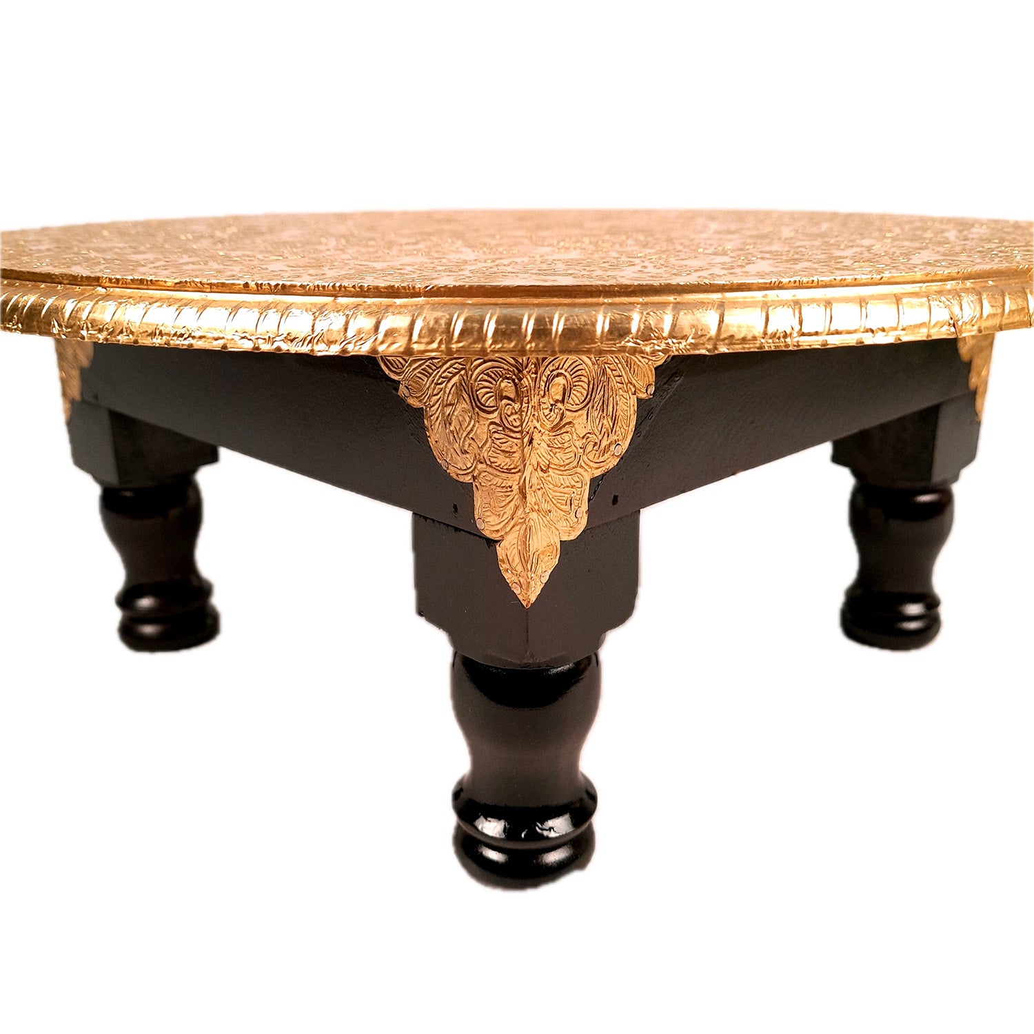 Puja Chowki Bajot | Wooden Brass Chauki | Peeta / Patla for Sitting - For Pooja, Living Room, Home & Corner Decor - 15 Inch - Apkamart