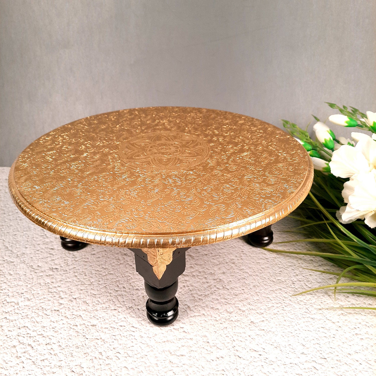 Puja Chowki Bajot | Wooden Brass Chauki | Peeta / Patla for Sitting - For Pooja, Living Room, Home & Corner Decor - 15 Inch - Apkamart