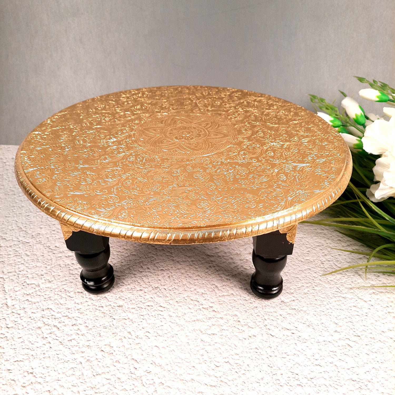 Puja Chowki Bajot | Wooden Brass Chauki | Peeta / Patla for Sitting - For Pooja, Living Room, Home & Corner Decor - 15 Inch - Apkamart