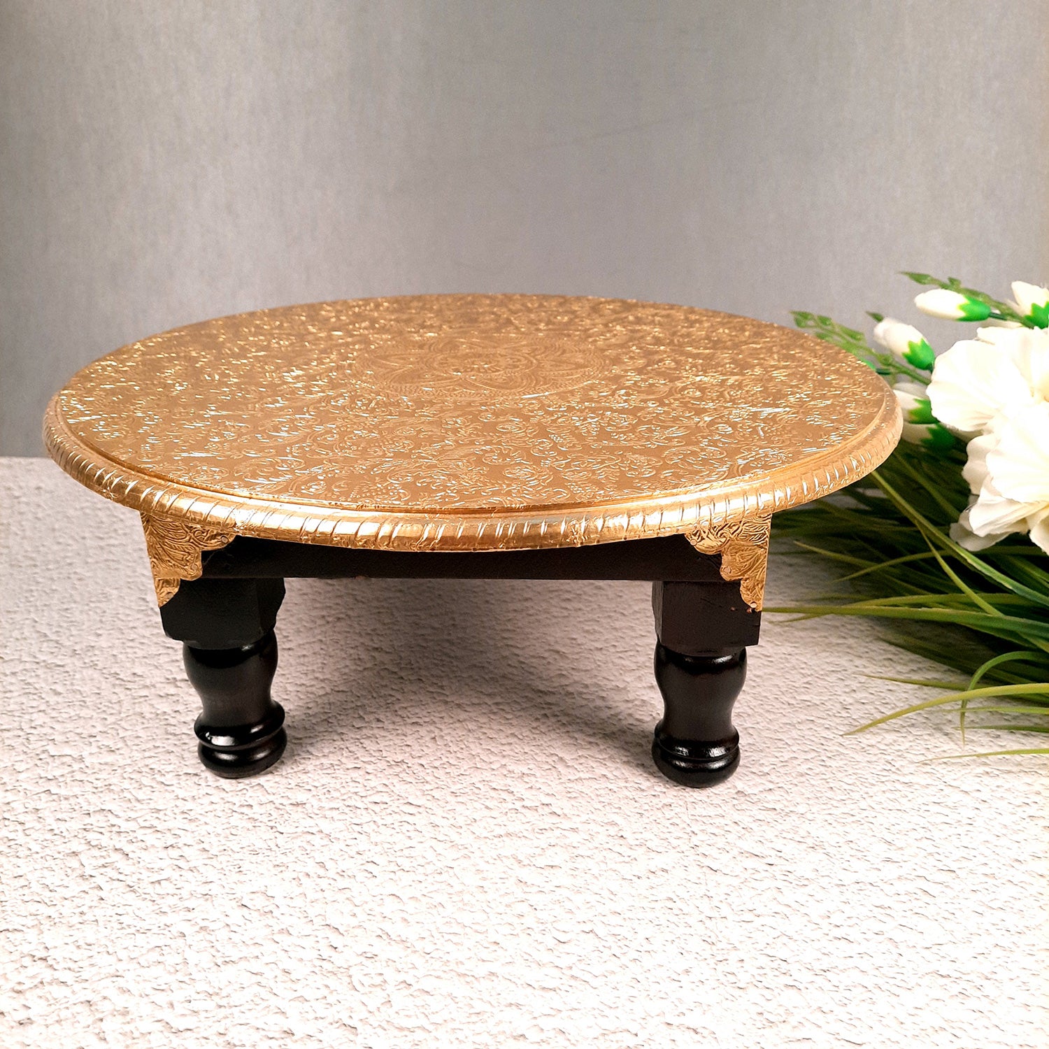 Puja Chowki Bajot | Wooden Brass Chauki | Peeta / Patla for Sitting - For Pooja, Living Room, Home & Corner Decor - 15 Inch - Apkamart