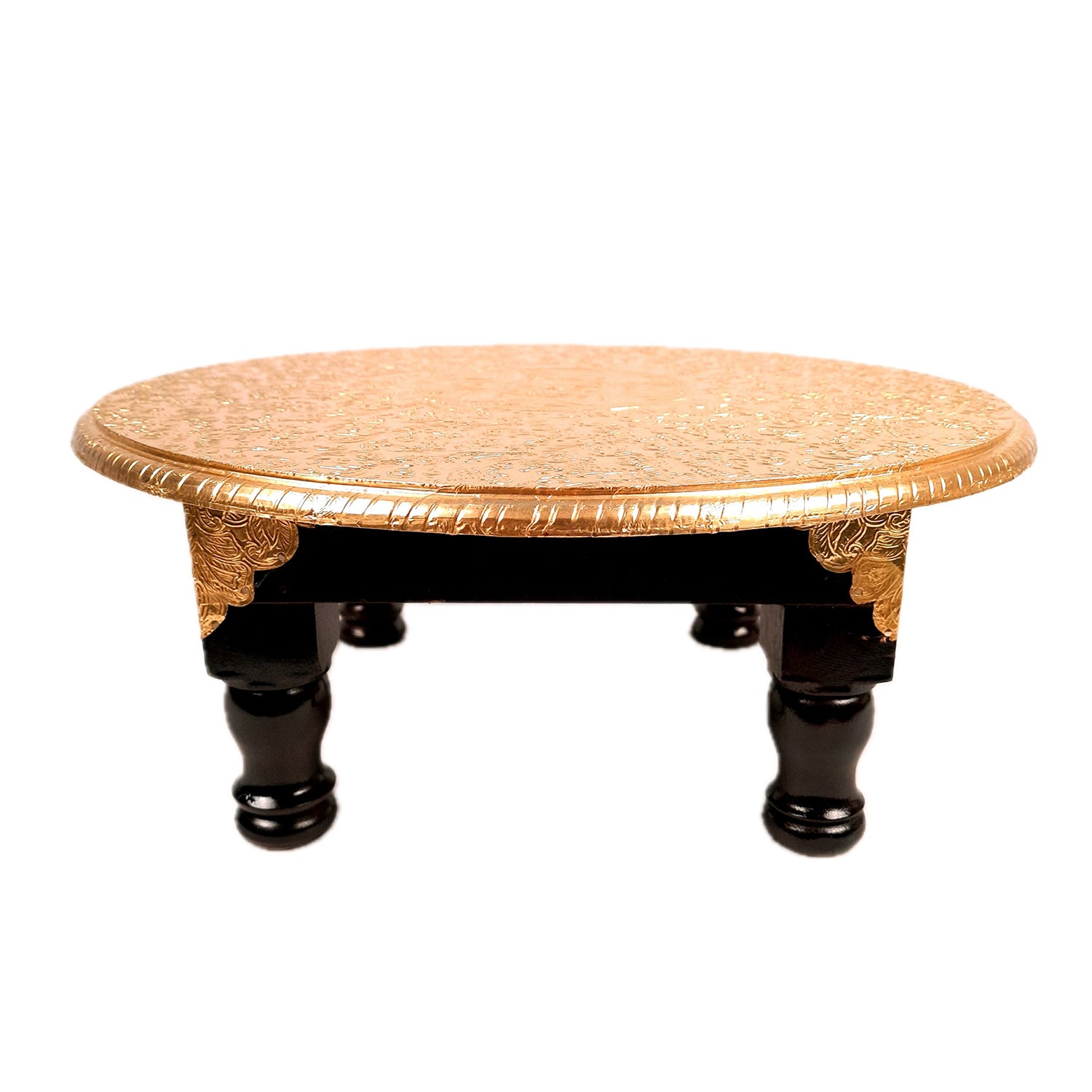 Puja Chowki Bajot | Wooden Brass Chauki | Peeta / Patla for Sitting - For Pooja, Living Room, Home & Corner Decor - 15 Inch - Apkamart