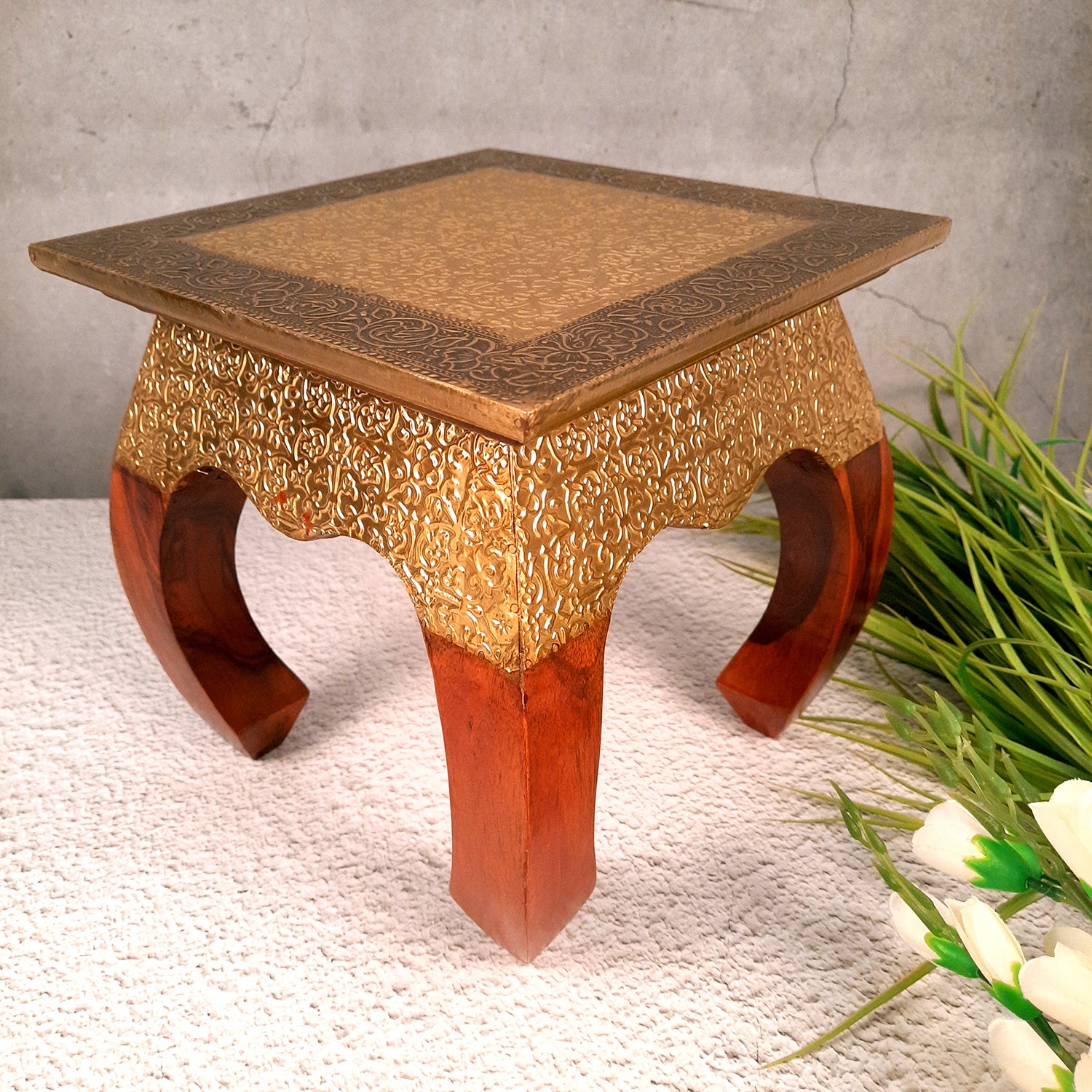 Side Table | Wood & Brass End Tables Cum Stool - for Keeping Lamp, Vases & Plants | Small Stools - for Sitting, Bedside, Home Decor, Corners, Sofa Side Stool, Office & Gifts - 10 Inch - apkamart