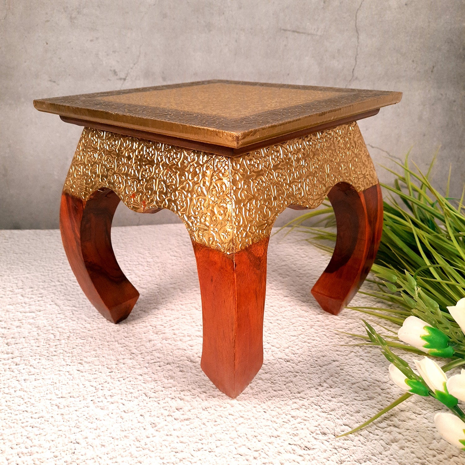 Side Table | Wood & Brass End Tables Cum Stool - for Keeping Lamp, Vases & Plants | Small Stools - for Sitting, Bedside, Home Decor, Corners, Sofa Side Stool, Office & Gifts - 10 Inch - apkamart