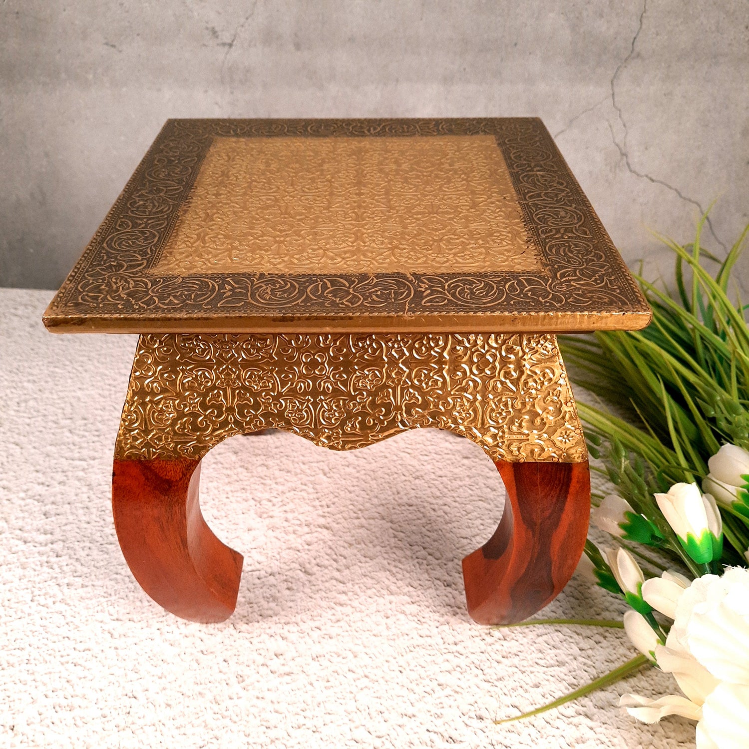Side Table | Wood & Brass End Tables Cum Stool - for Keeping Lamp, Vases & Plants | Small Stools - for Sitting, Bedside, Home Decor, Corners, Sofa Side Stool, Office & Gifts - 10 Inch - apkamart