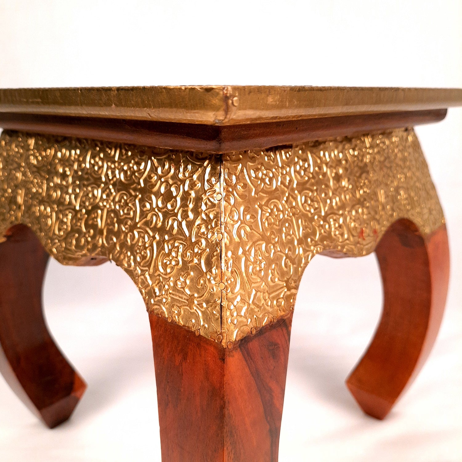 Side Table | Wood & Brass End Tables Cum Stool - for Keeping Lamp, Vases & Plants | Small Stools - for Sitting, Bedside, Home Decor, Corners, Sofa Side Stool, Office & Gifts - 10 Inch - apkamart