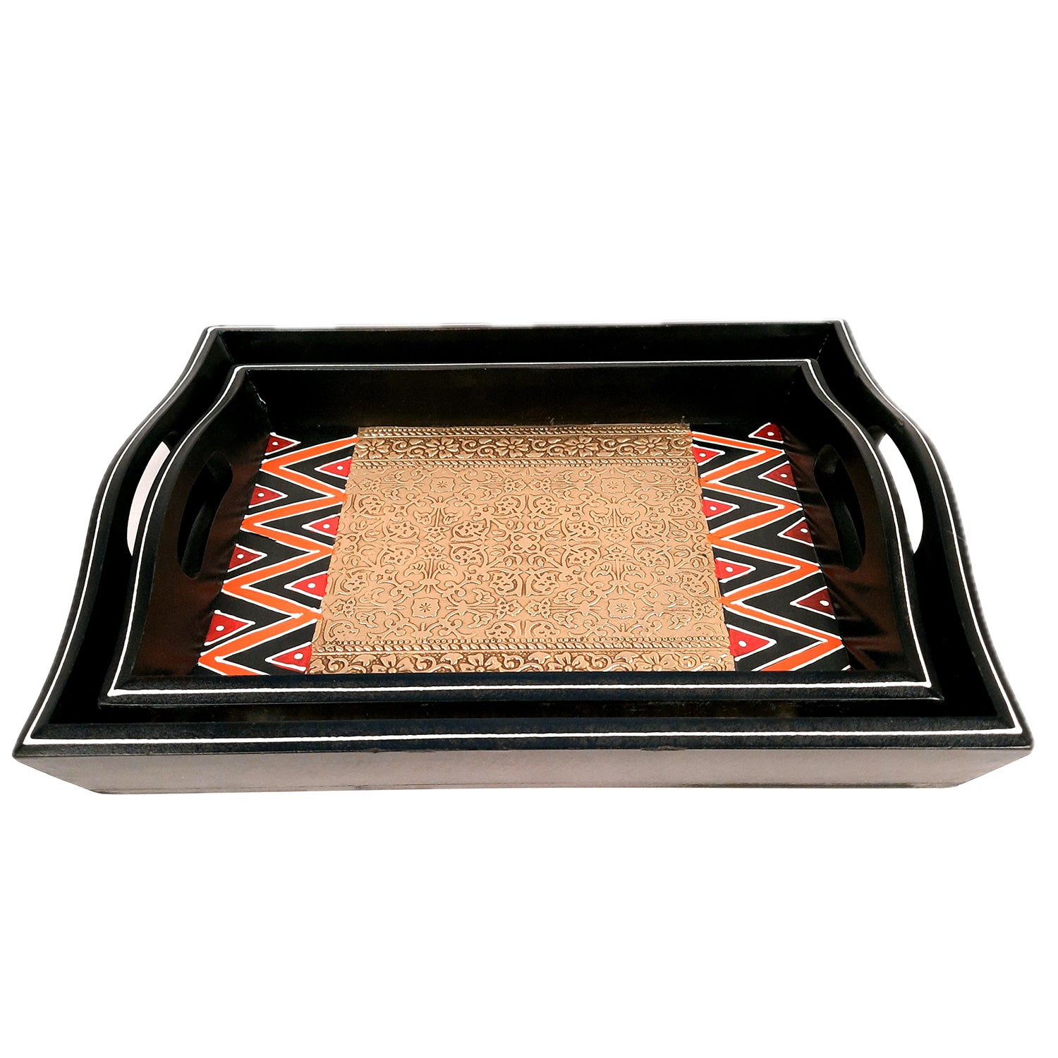 Tray Set - Wood & Brass | Tea & Snacks Serving Platter | Decorative Handcrafted Trays - for Home, Dining Table, Kitchen Decor | Wedding & Housewarming Gift - 13 Inch - apkamart