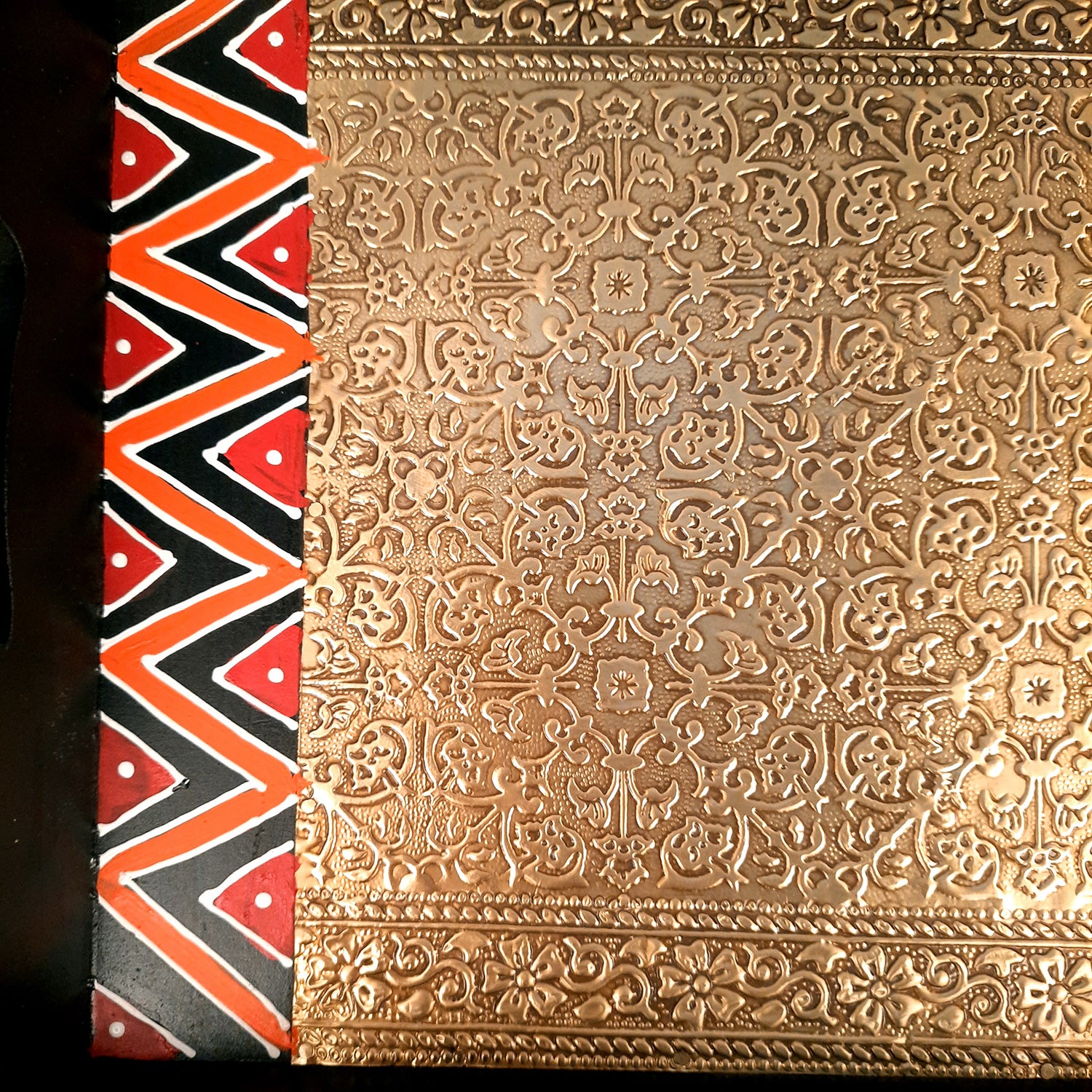 Tray Set - Wood & Brass | Tea & Snacks Serving Platter | Decorative Handcrafted Trays - for Home, Dining Table, Kitchen Decor | Wedding & Housewarming Gift - 13 Inch - apkamart