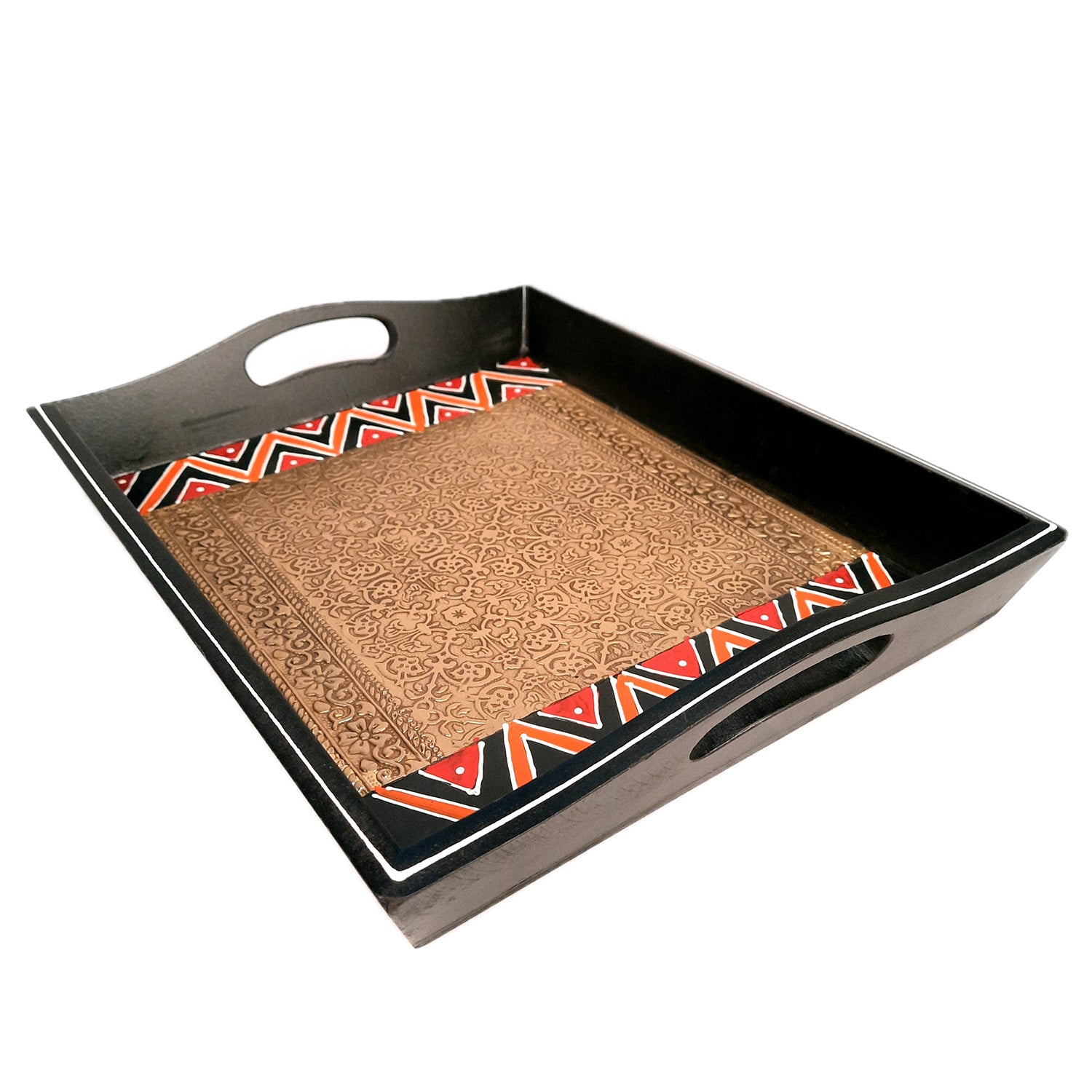 Tray Set - Wood & Brass | Tea & Snacks Serving Platter | Decorative Handcrafted Trays - for Home, Dining Table, Kitchen Decor | Wedding & Housewarming Gift - 13 Inch - apkamart