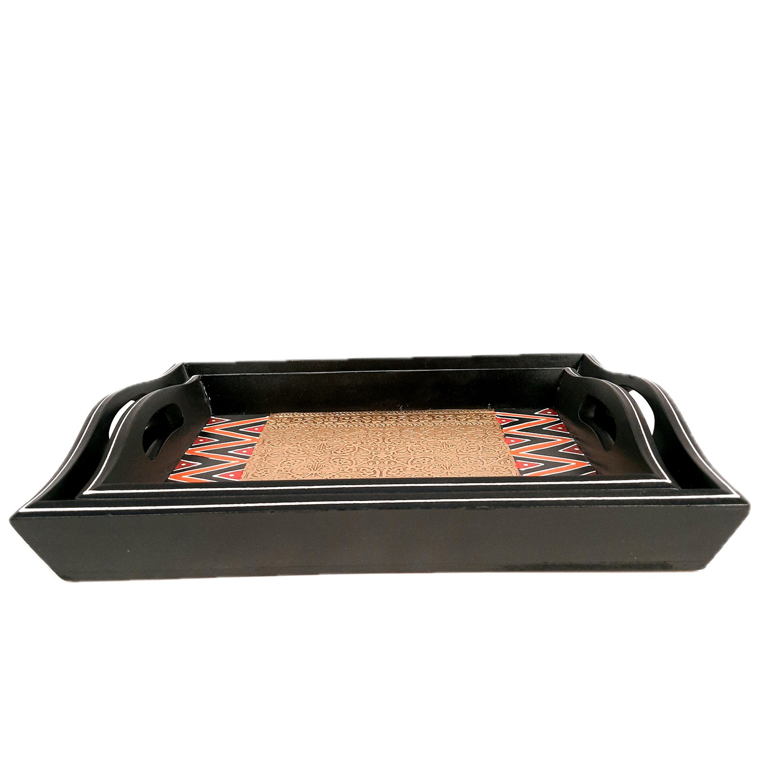 Tray Set - Wood & Brass | Tea & Snacks Serving Platter | Decorative Handcrafted Trays - for Home, Dining Table, Kitchen Decor | Wedding & Housewarming Gift - 13 Inch - apkamart