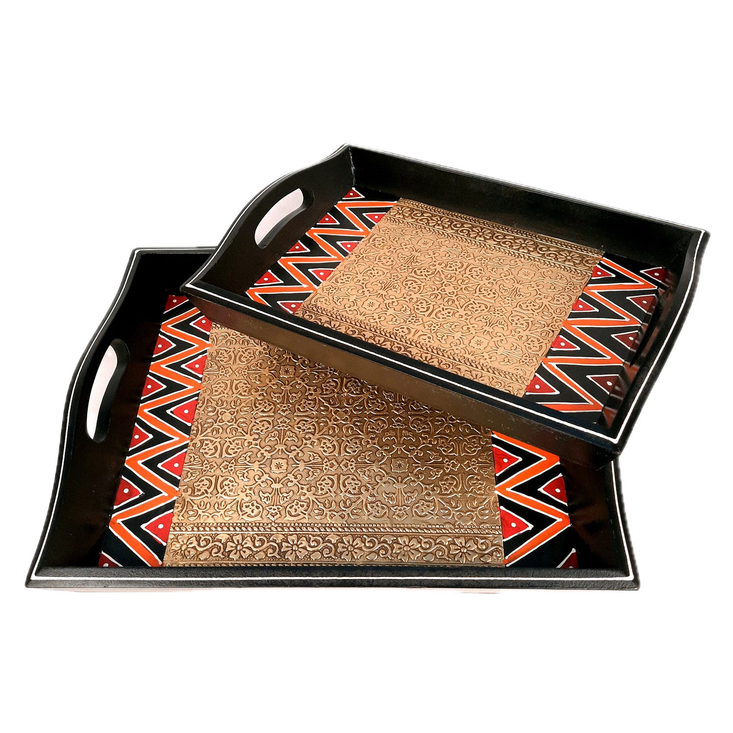 Tray Set - Wood & Brass | Tea & Snacks Serving Platter | Decorative Handcrafted Trays - for Home, Dining Table, Kitchen Decor | Wedding & Housewarming Gift - 13 Inch - apkamart