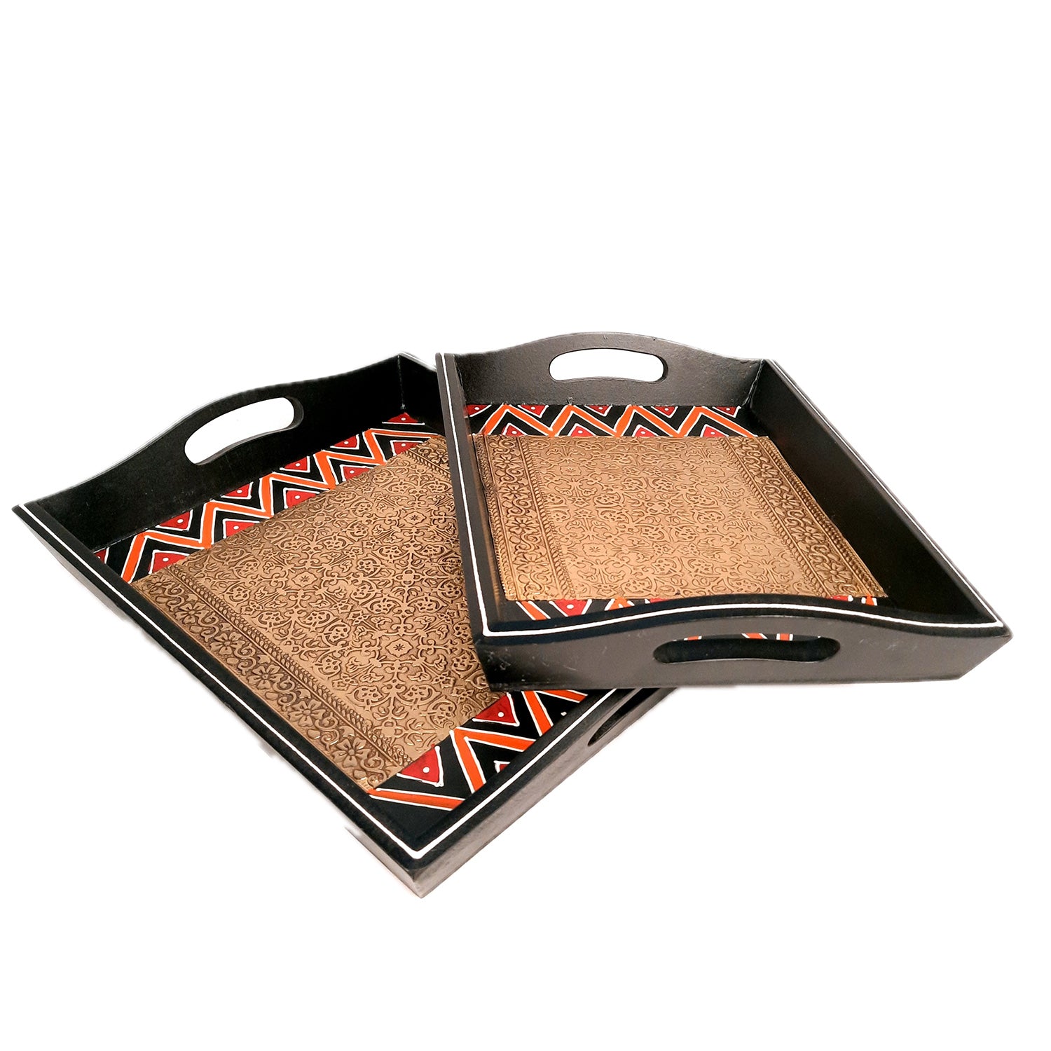 Tray Set - Wood & Brass | Tea & Snacks Serving Platter | Decorative Handcrafted Trays - for Home, Dining Table, Kitchen Decor | Wedding & Housewarming Gift - 13 Inch - apkamart