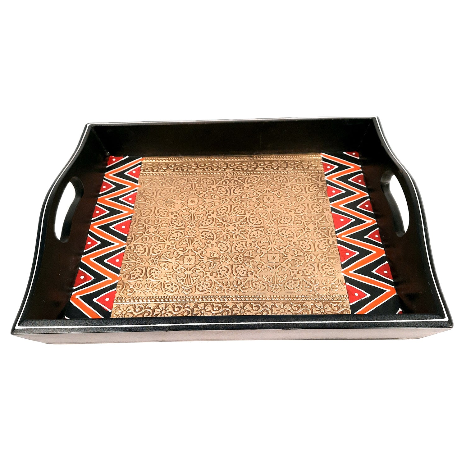 Tray Set - Wood & Brass | Tea & Snacks Serving Platter | Decorative Handcrafted Trays - for Home, Dining Table, Kitchen Decor | Wedding & Housewarming Gift - 13 Inch - apkamart