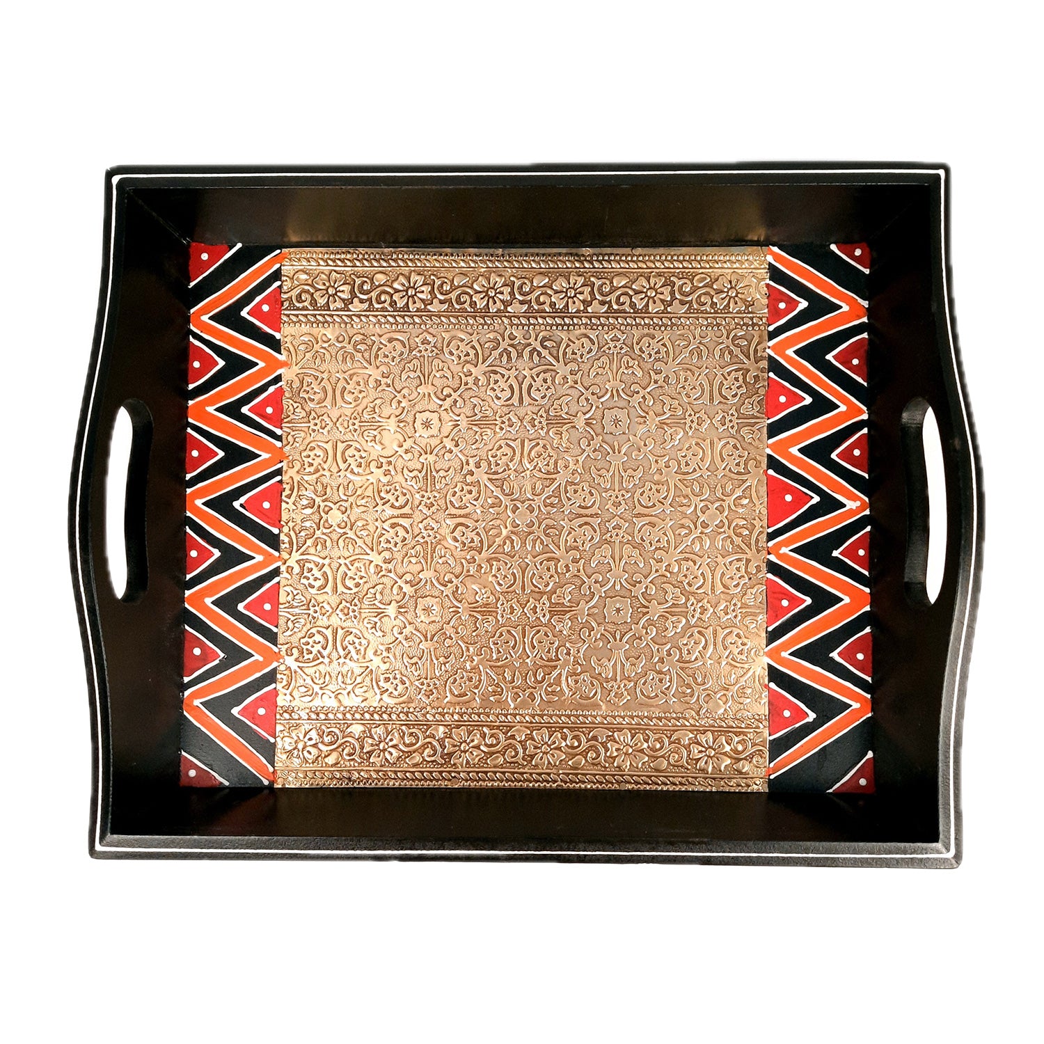 Tray Set - Wood & Brass | Tea & Snacks Serving Platter | Decorative Handcrafted Trays - for Home, Dining Table, Kitchen Decor | Wedding & Housewarming Gift - 13 Inch - apkamart
