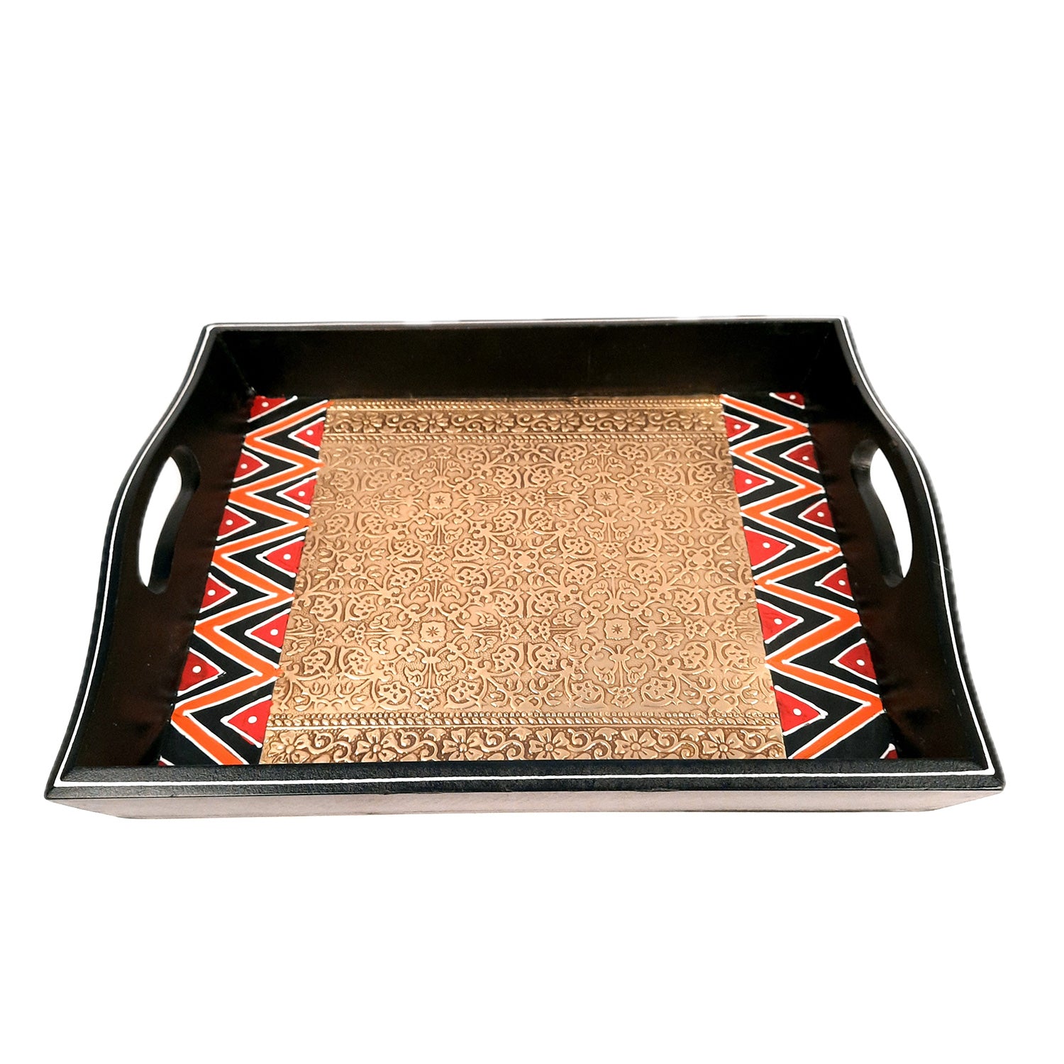 Tray Set - Wood & Brass | Tea & Snacks Serving Platter | Decorative Handcrafted Trays - for Home, Dining Table, Kitchen Decor | Wedding & Housewarming Gift - 13 Inch - apkamart