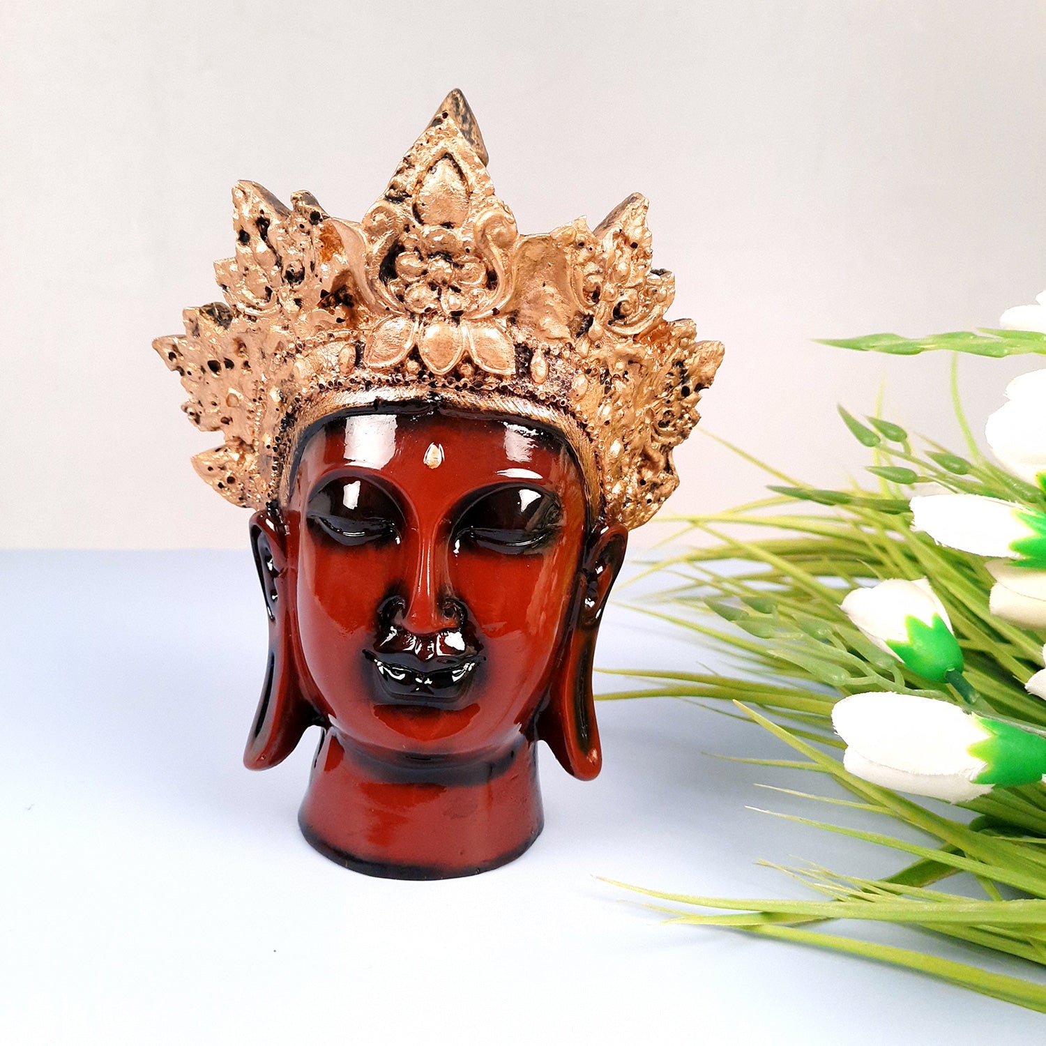 Buddha Head Statue with Rustic Look | Lord Gautam Buddha Showpiece - For Living room, Home, Table, Shelf, Office Decor & Gift - 8 Inch - apkamart #Color_Maroon