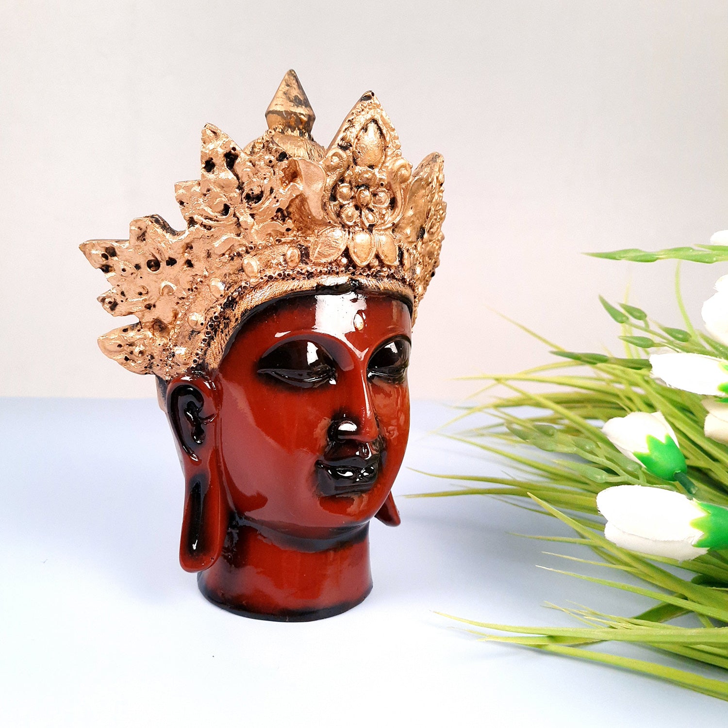 Buddha Head Statue with Rustic Look | Lord Gautam Buddha Showpiece - For Living room, Home, Table, Shelf, Office Decor & Gift - 8 Inch - apkamart #Color_Maroon