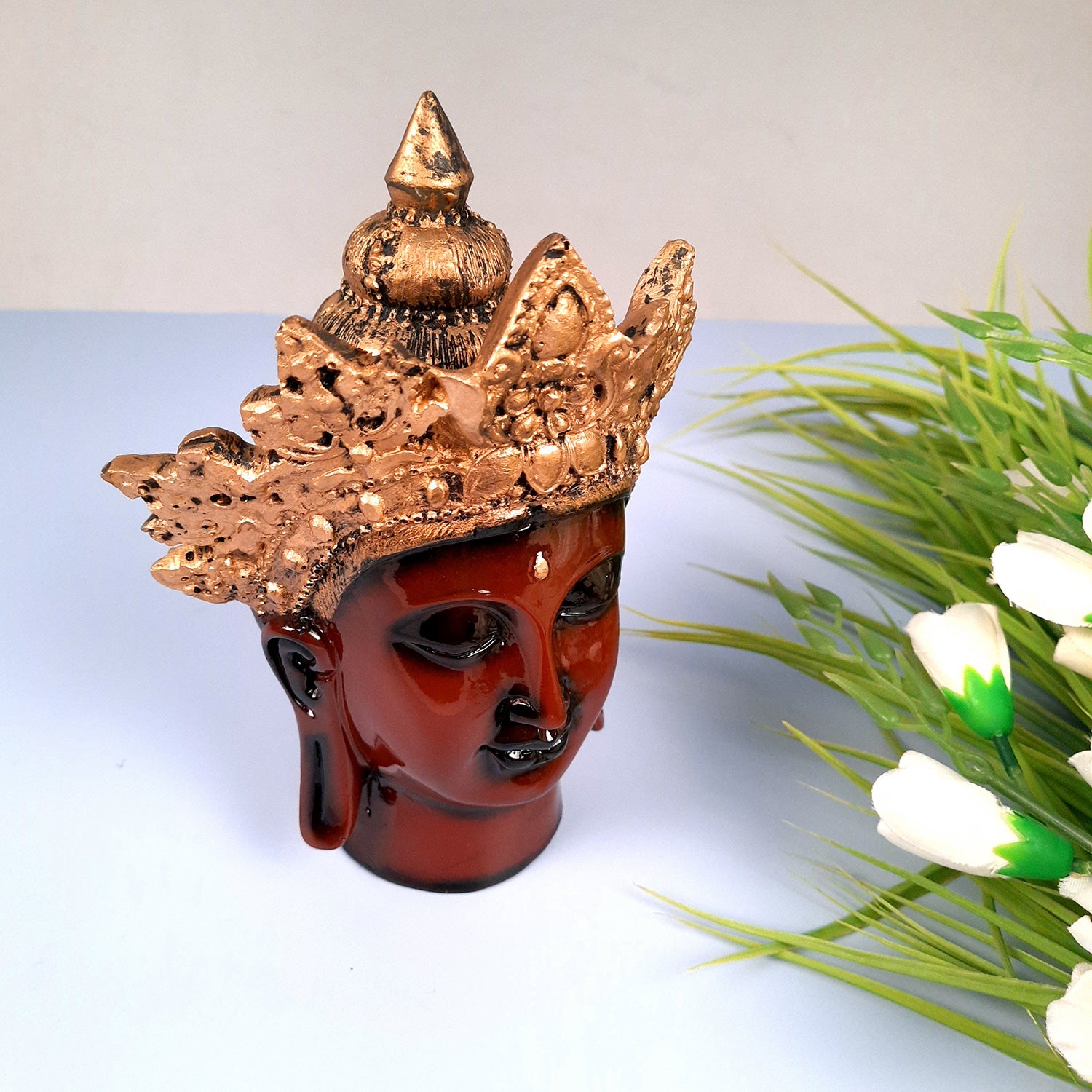 Buddha Head Statue with Rustic Look | Lord Gautam Buddha Showpiece - For Living room, Home, Table, Shelf, Office Decor & Gift - 8 Inch - apkamart #Color_Maroon