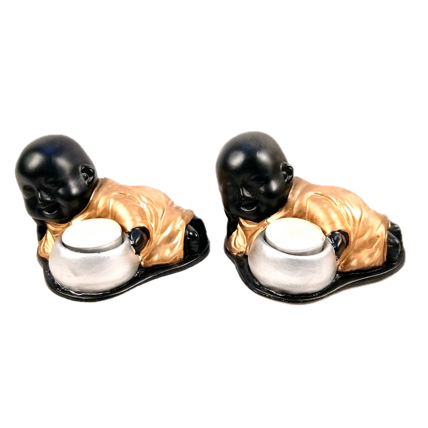 Buddha Showpiece With Tea Light Holder | baby Monk T - Light Candle Stand - for Living Room, Table, Shelf Decor | Home Decorative Item - 4 Inch - Apkamart #Style_Pack Of 2