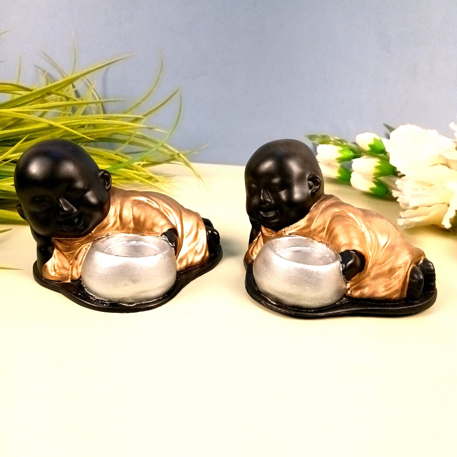 Buddha Showpiece With Tea Light Holder | baby Monk T - Light Candle Stand - for Living Room, Table, Shelf Decor | Home Decorative Item - 4 Inch - Apkamart #Style_Pack Of 2