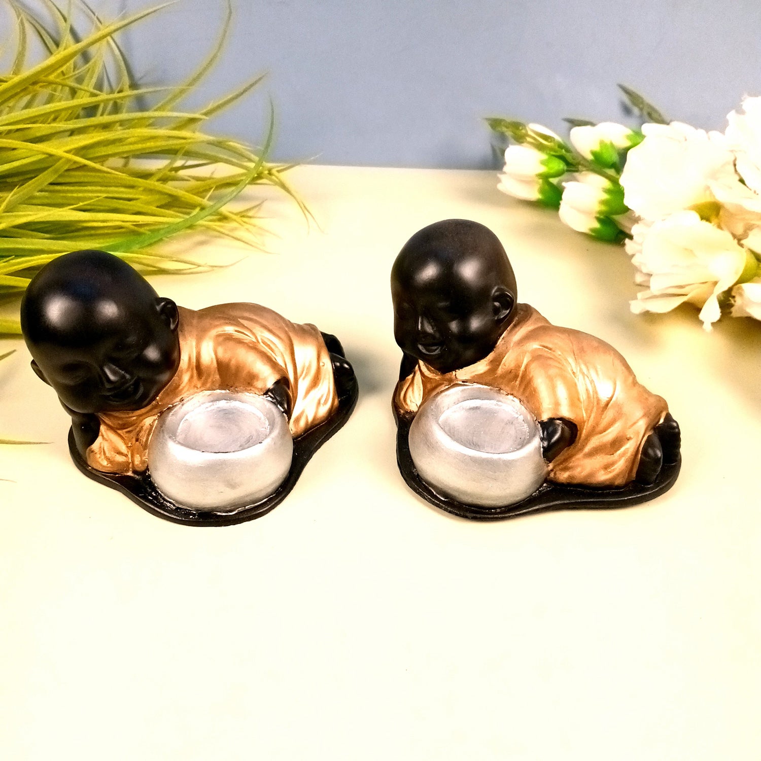 Buddha Showpiece With Tea Light Holder | baby Monk T - Light Candle Stand - for Living Room, Table, Shelf Decor | Home Decorative Item - 4 Inch - Apkamart #Style_Pack Of 2