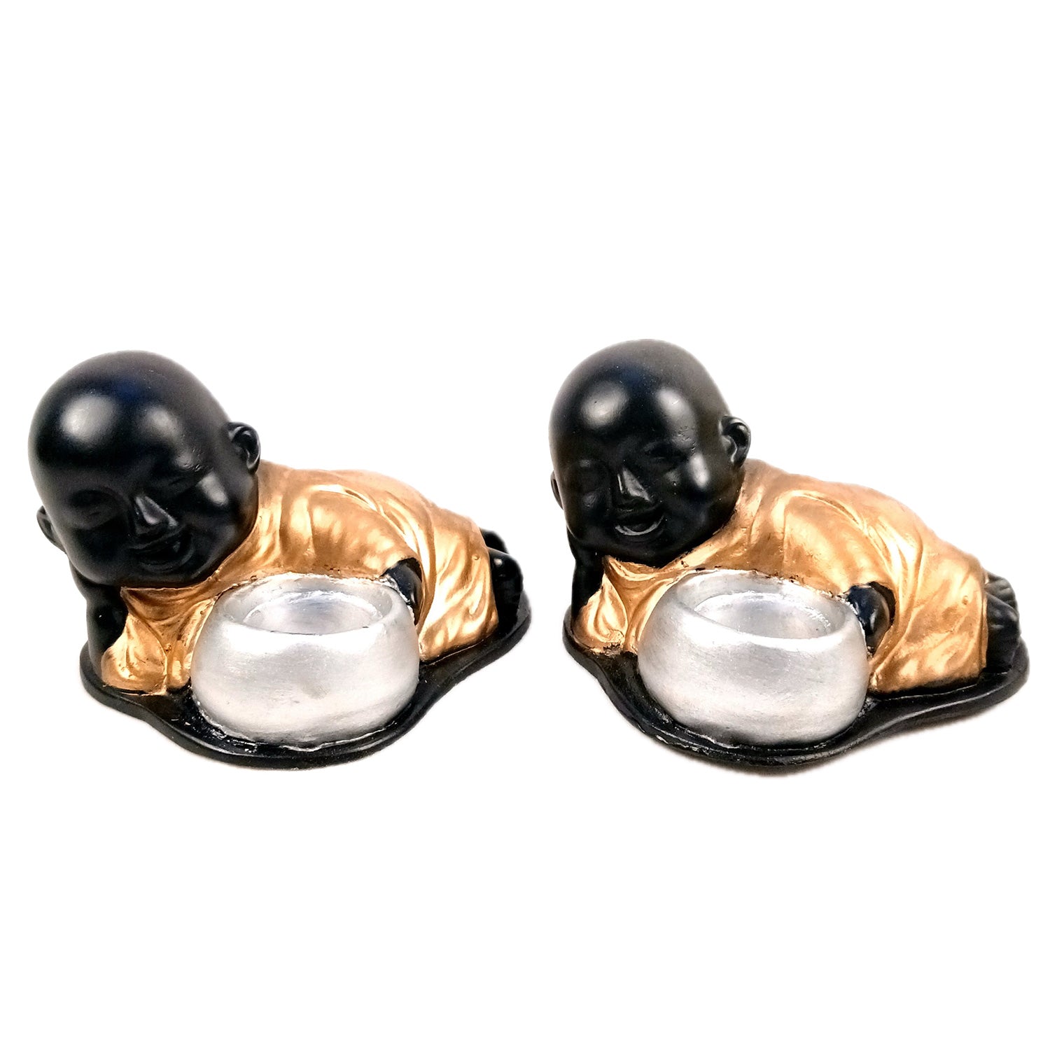 Buddha Showpiece With Tea Light Holder | baby Monk T - Light Candle Stand - for Living Room, Table, Shelf Decor | Home Decorative Item - 4 Inch - Apkamart #Style_Pack Of 2