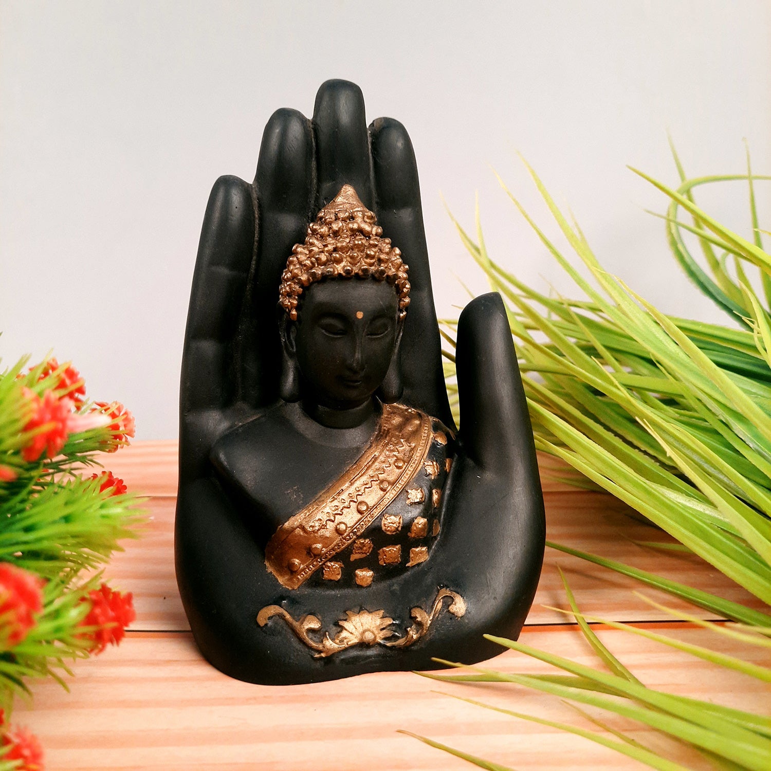 Palm Buddha Statue | Lord Gautam Buddha in Meditation Showpiece - For Living room, Home, Table, Shelf, Office Decor & Gift - 6 Inch - Apkamart