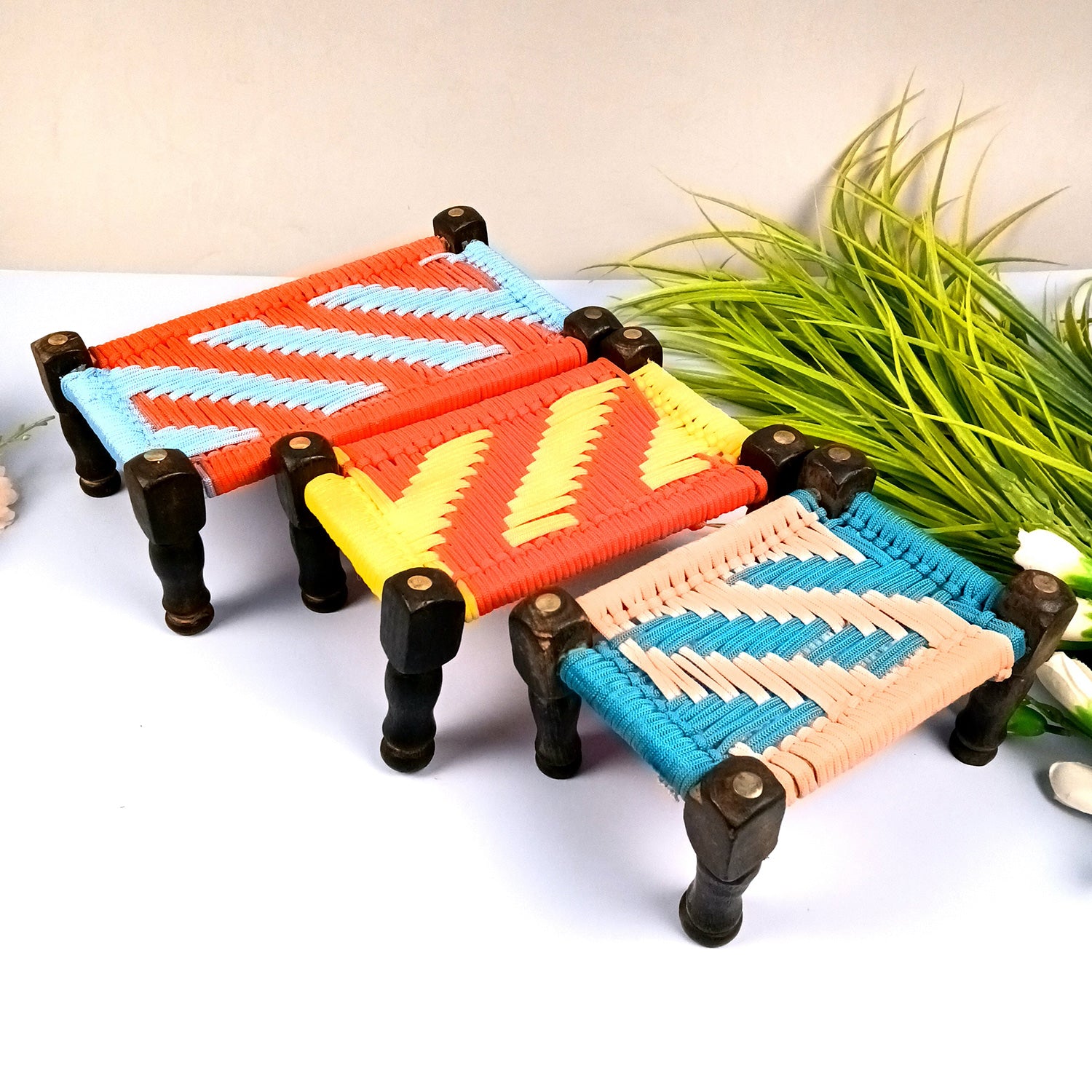 Charpai Khaat Bed Miniature | Wood & Jute Small Chaarpai Cot - for Ladoo Gopal Ji, Home Decor, For keeping God Showpiece | Kids Toys Gift (Pack of 3) - Apkamart #Style_Design 2