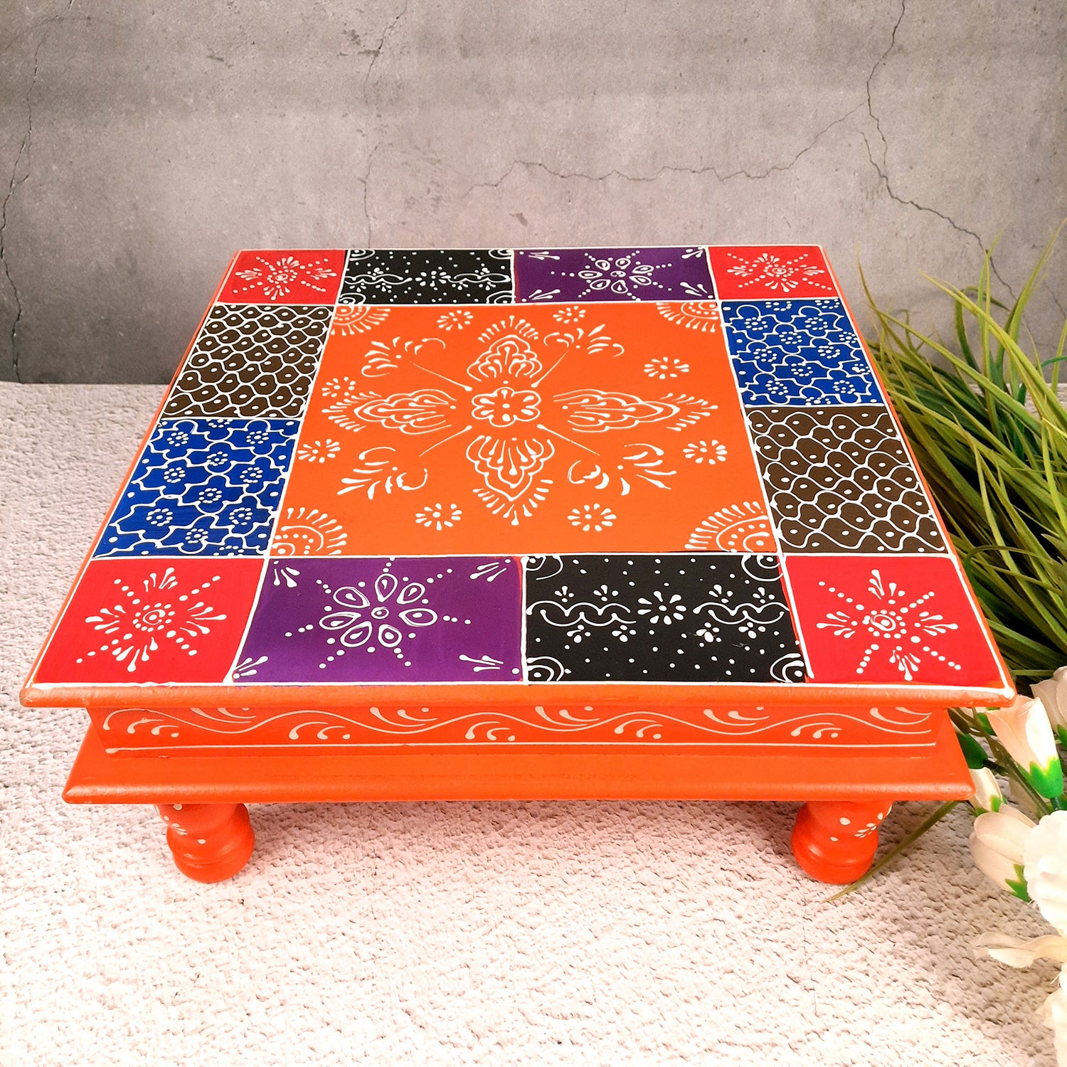 Puja Chowki Bajot Wooden | Wooden Pooja Peeta Table | Stool / Aasan for God Idols - for Festivals, Home, living Room, Corner, Mandir Decoration & Gifts - 15 Inch - apkamart