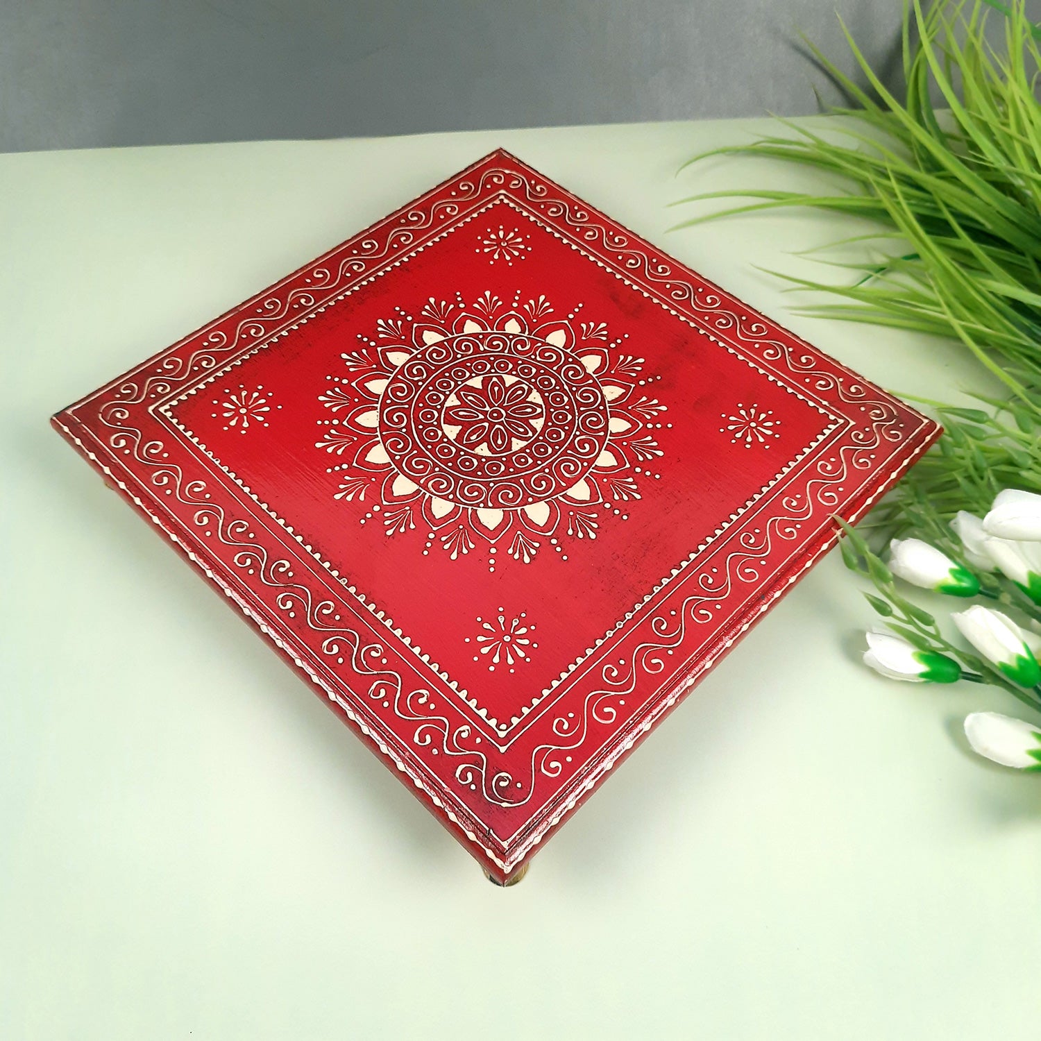 Wooden Puja Peeta Chowki | Stool / Aasan for God Idols |Wooden Pooja Chowki Table - for Festivals, Home, living Room, Corner, Mandir Decoration & Gifts - Apkamart #Color_Red