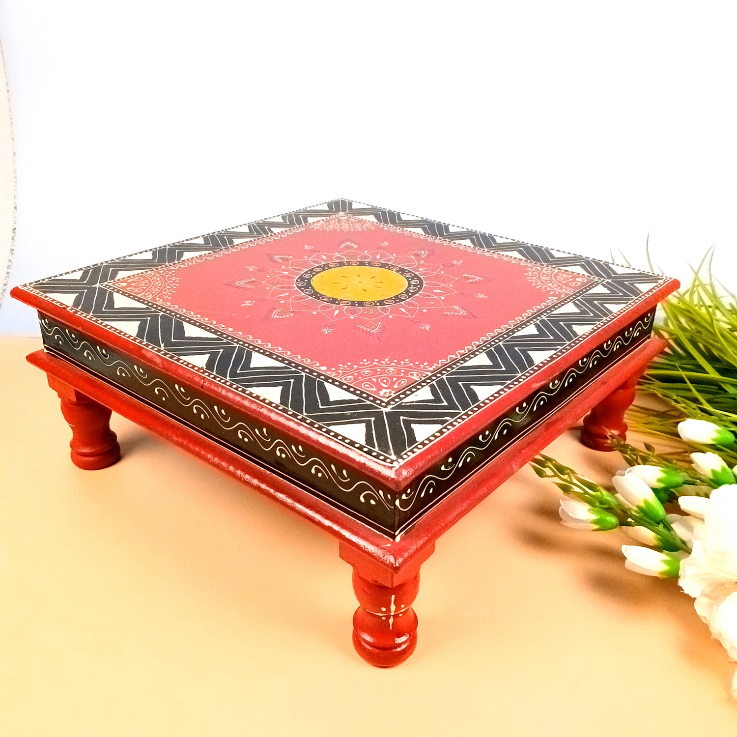 Puja Chowki Bajot| Wooden Chauki for Sitting | Peeta/Patla - for Home, Living Room, Corner, Mandir Decoration & Gifts - 10 Inch - Apkamart #Size_15 Inch